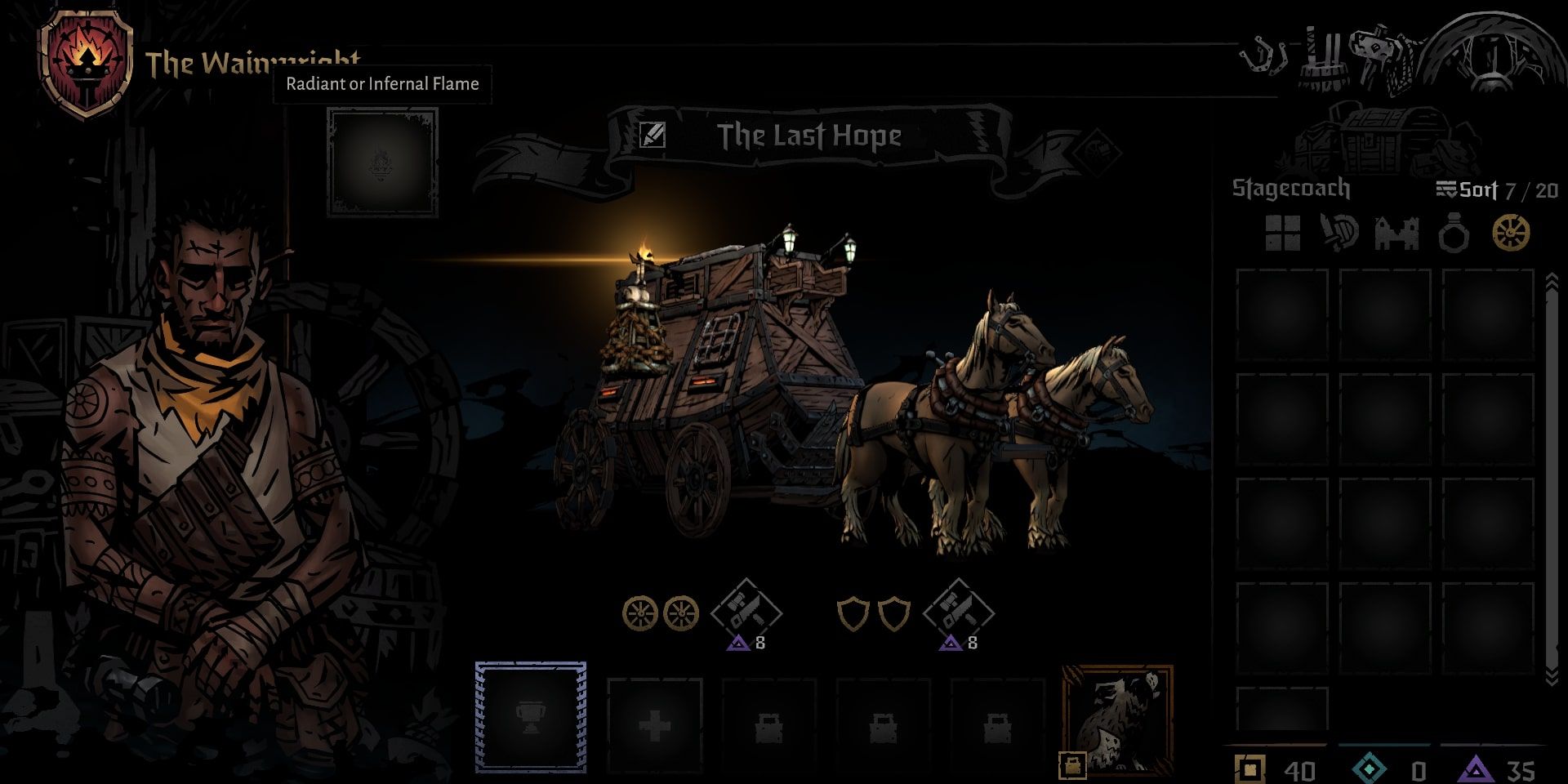 Wainwright menu and radiant or infernal flame equip slot Darkest Dungeon 2