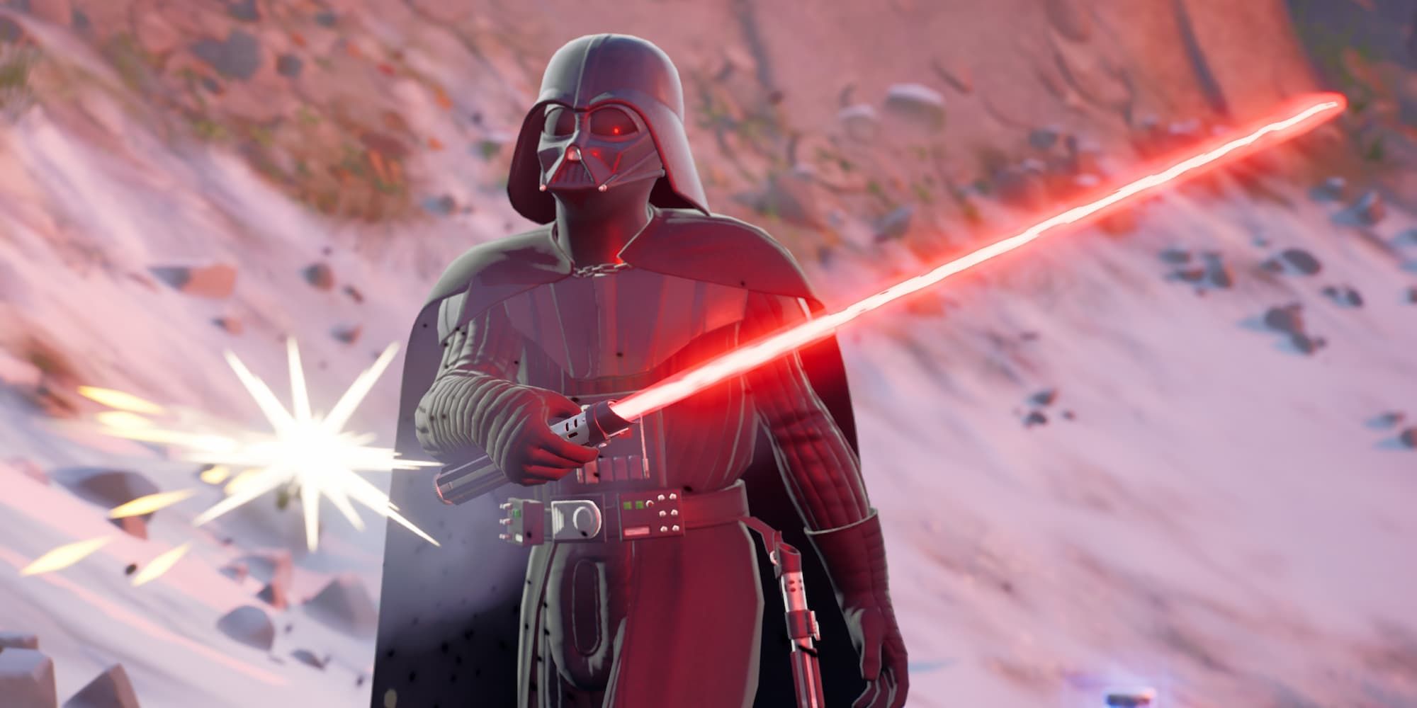 Darth Vader blocks a bullet with his lightsaber in Fortnite.