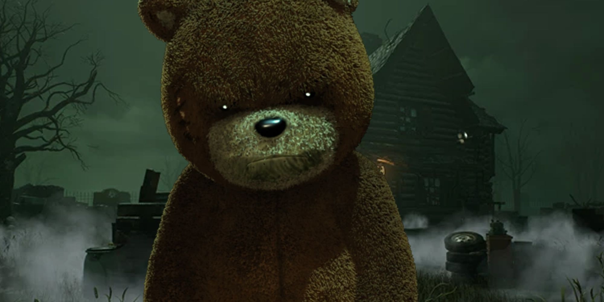 Dead by Daylight map with Naughty Bear standing in front of the old wooden house