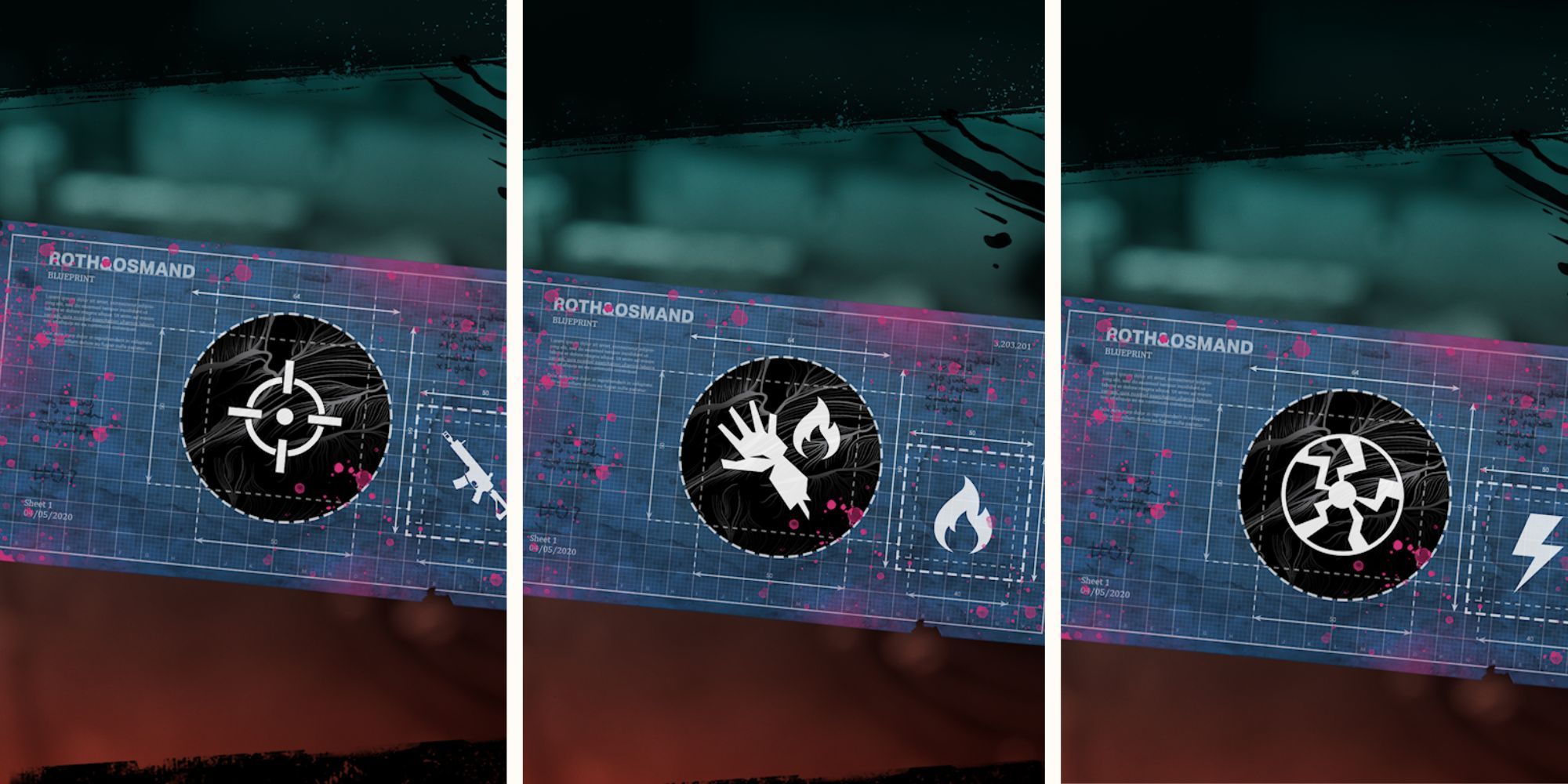 A collage showing three different blueprints of perks.