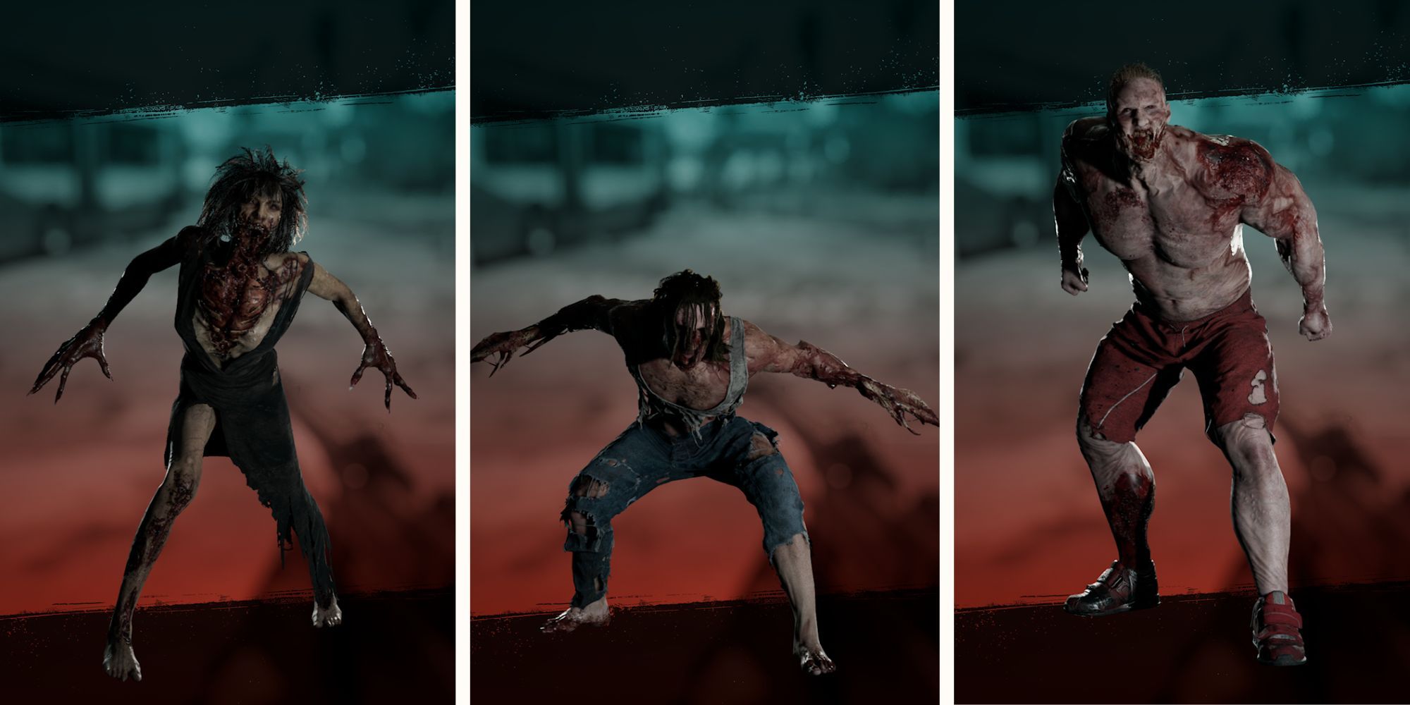 A collage showing three different zombie types in Dead Island 2.