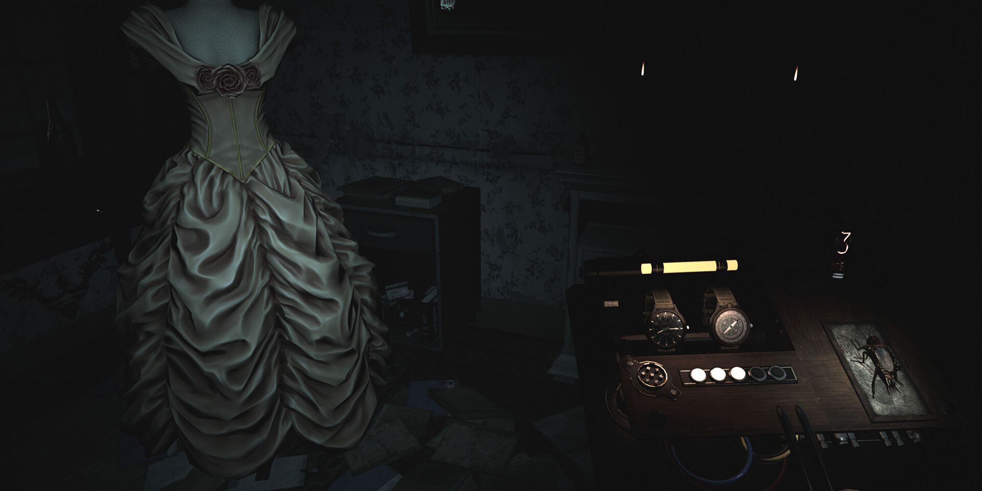 demonologist player holding ghost device next to dress on mannequin