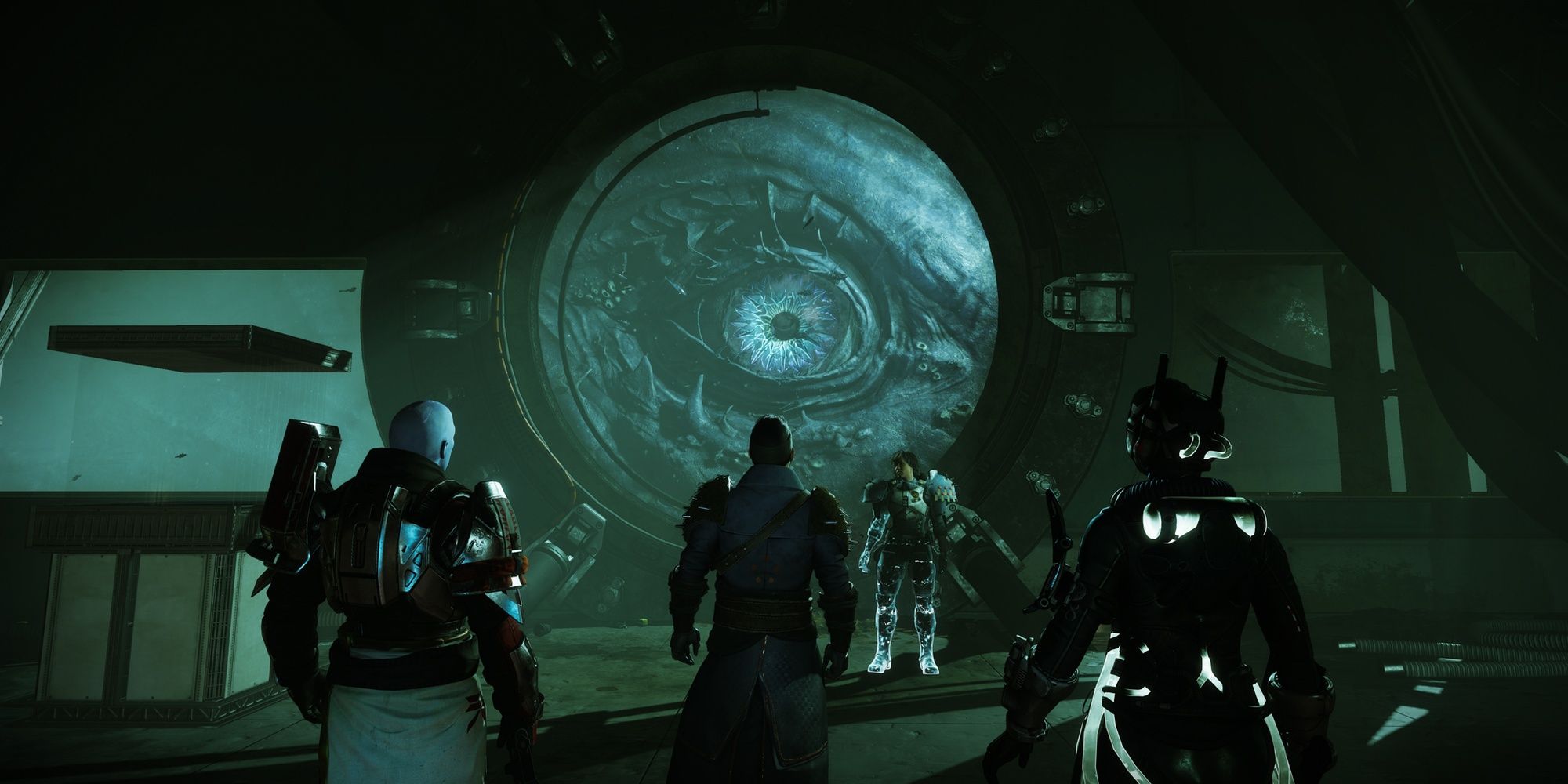 Destiny 2 Season of the Deep Zavala and Drifter in front of Leviathan