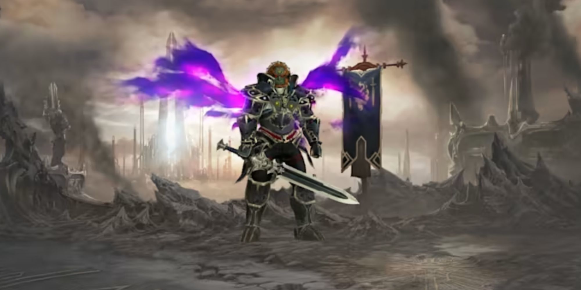 Ganondorf Tient Une Épée En Se Tenant Debout Sur Un Champ De Bataille Vide