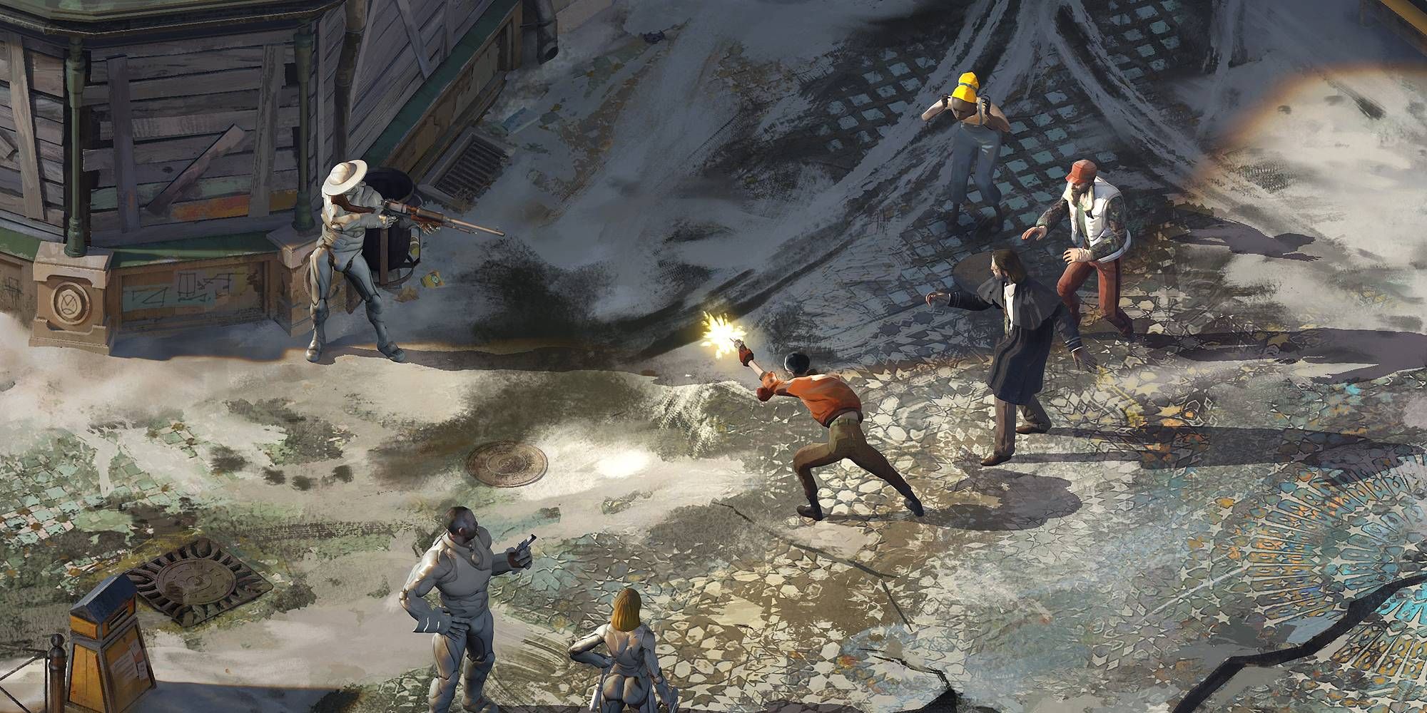 An isometric view of a shootout with numerous figures in Disco Elysium