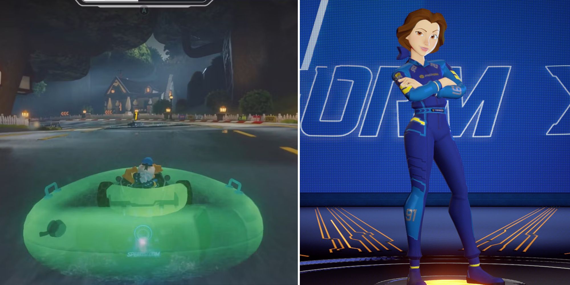 On the left is a screenshot from Disney Speedstorm where Donald Duck is using his ability 'Why I Oughta...'. He is surrounded by a green circle. On the right is Belle stood in the main menu screen in the Founder's Pack blue racing suit.