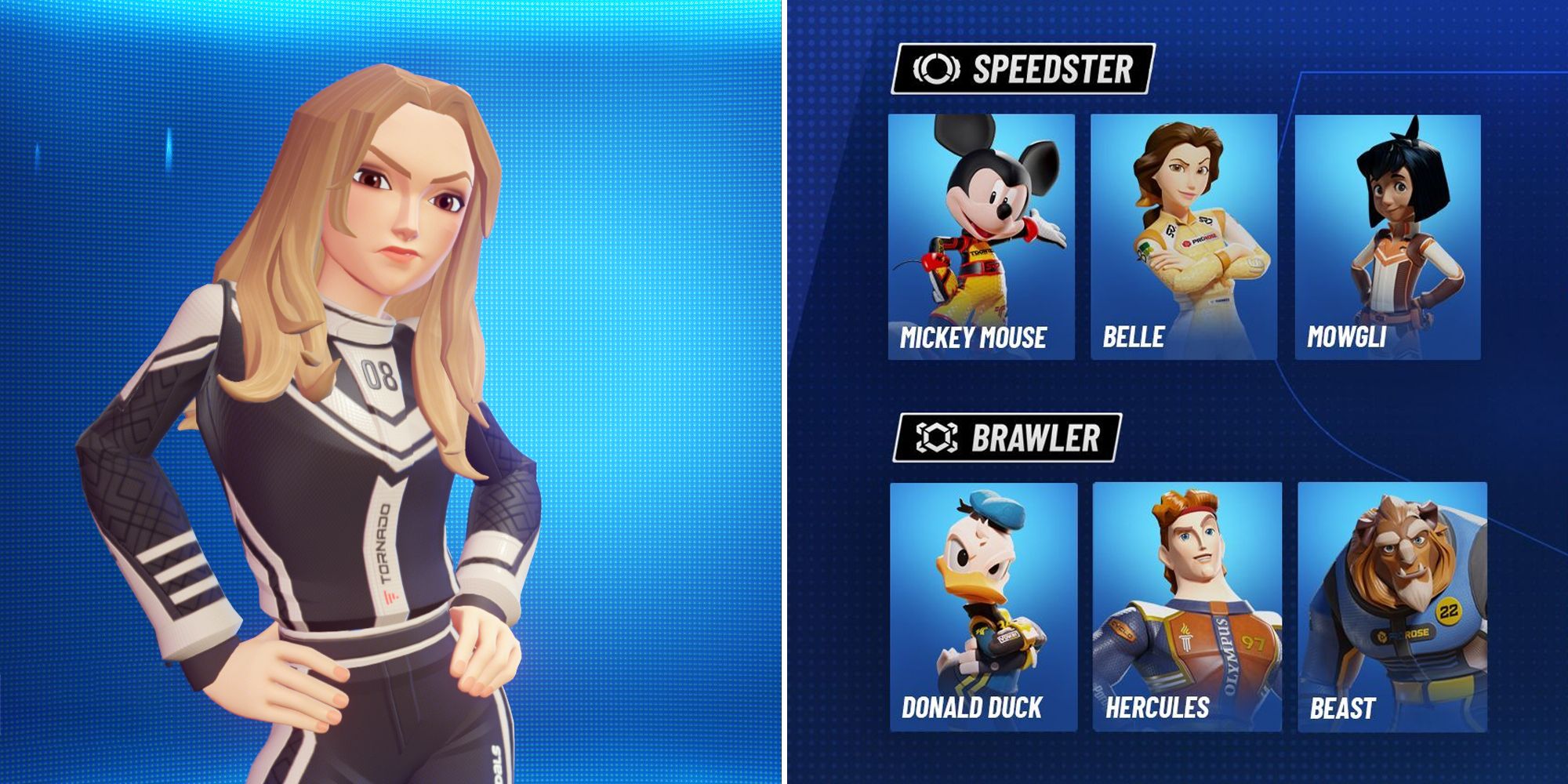 Image depicts Elizabeth Swann from Pirates of the Caribbean in Disney Speedstorm on the left. On the right is part of the character menu in the game, including Mickey Mouse, Belle, Mowgli, Donald Duck, Hercules, and Beast.