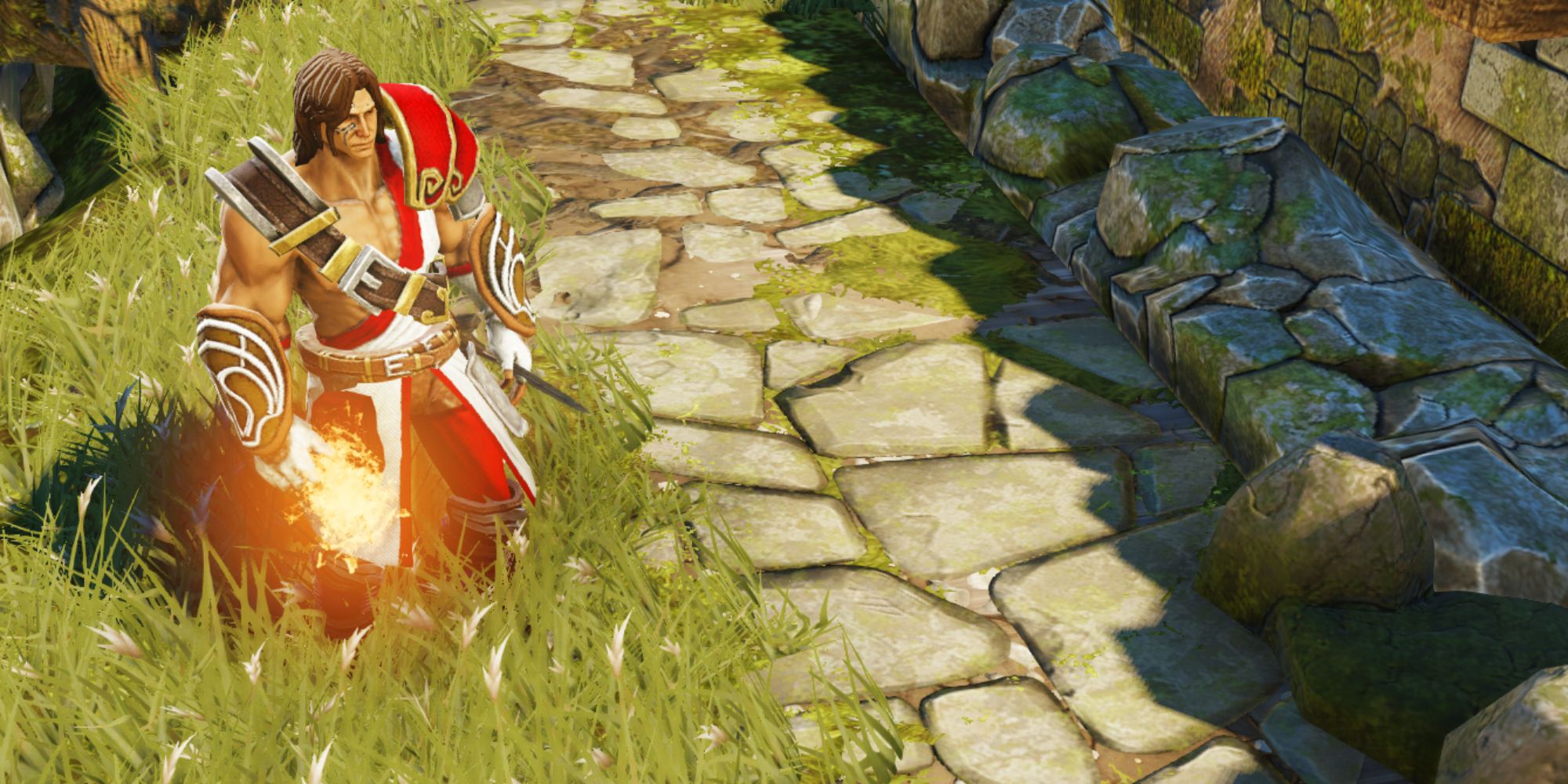 Divinity Original Sin Screenshot Of Long-Haired Character Standing On Grass Next To Cobble Road