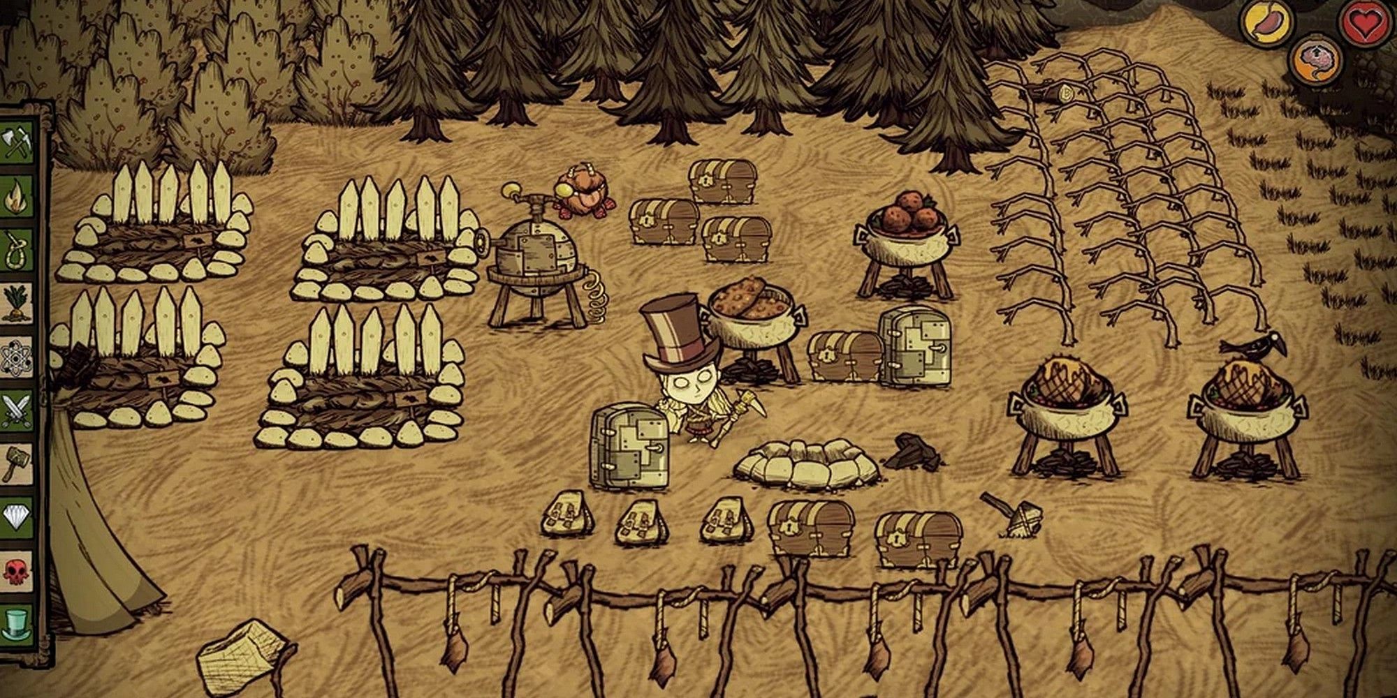 don't starve together guide base camp example with crock pots, jerky racks, chests, and more