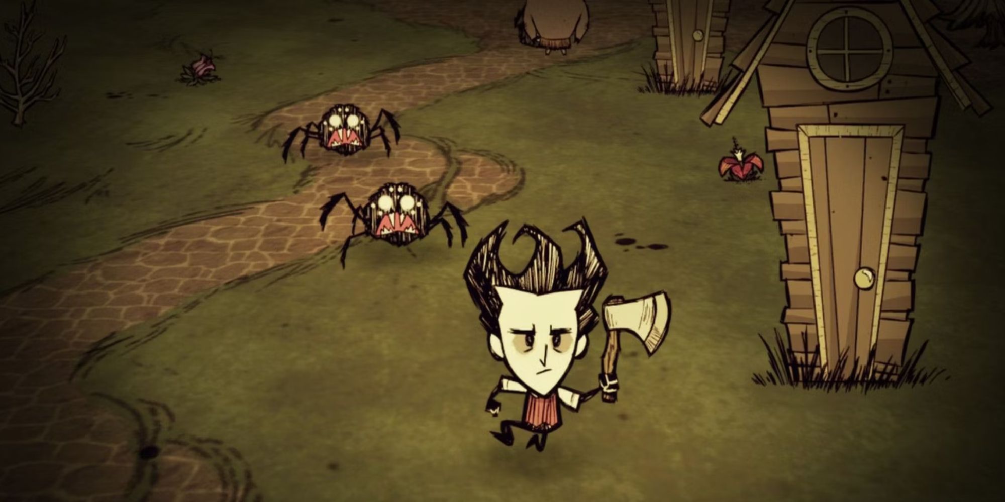 don't starve wilson running from two spiders with an axe