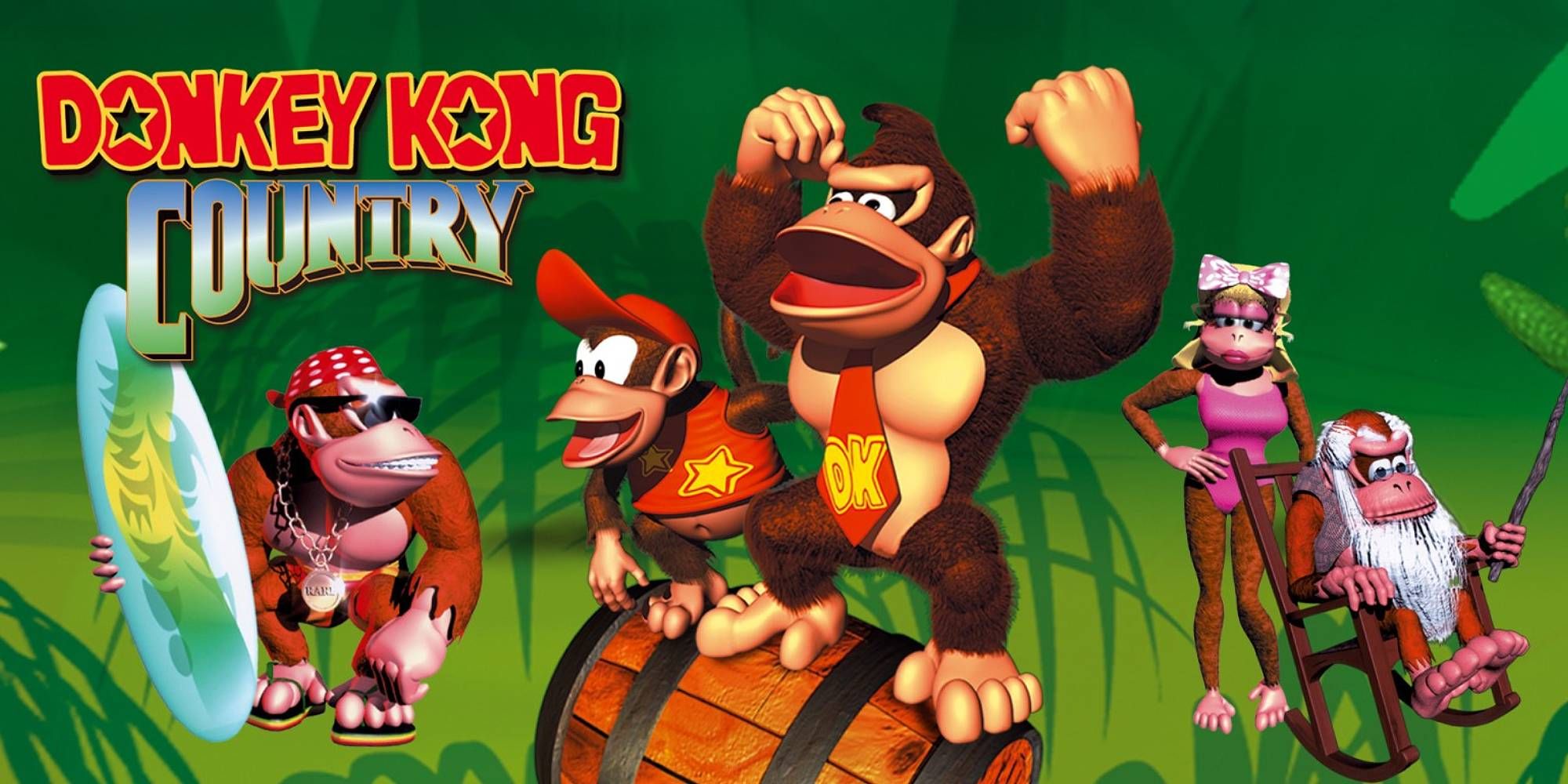 Numerous cartoon apes in different styles all pose on the Donkey Kong Country cover art