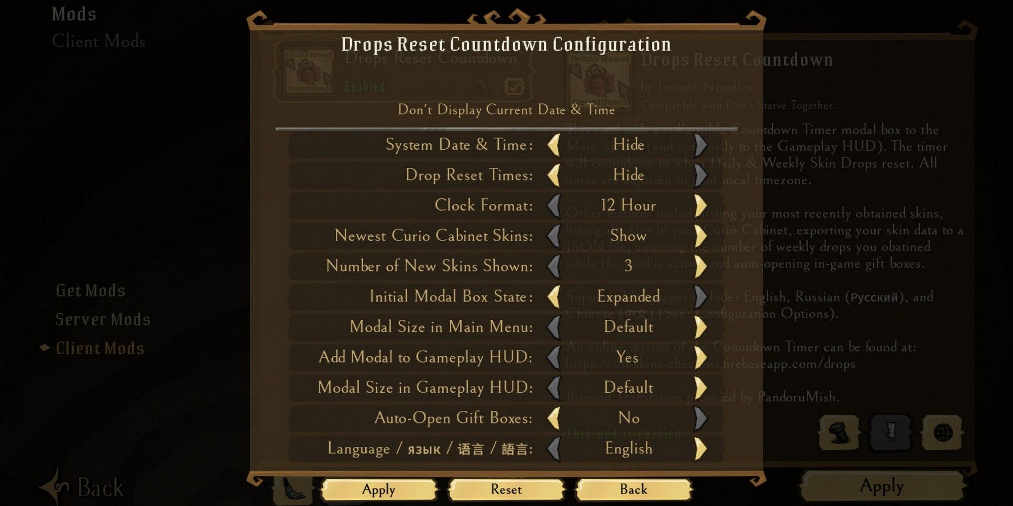 dont starve together mod drops reset countdown configuration
