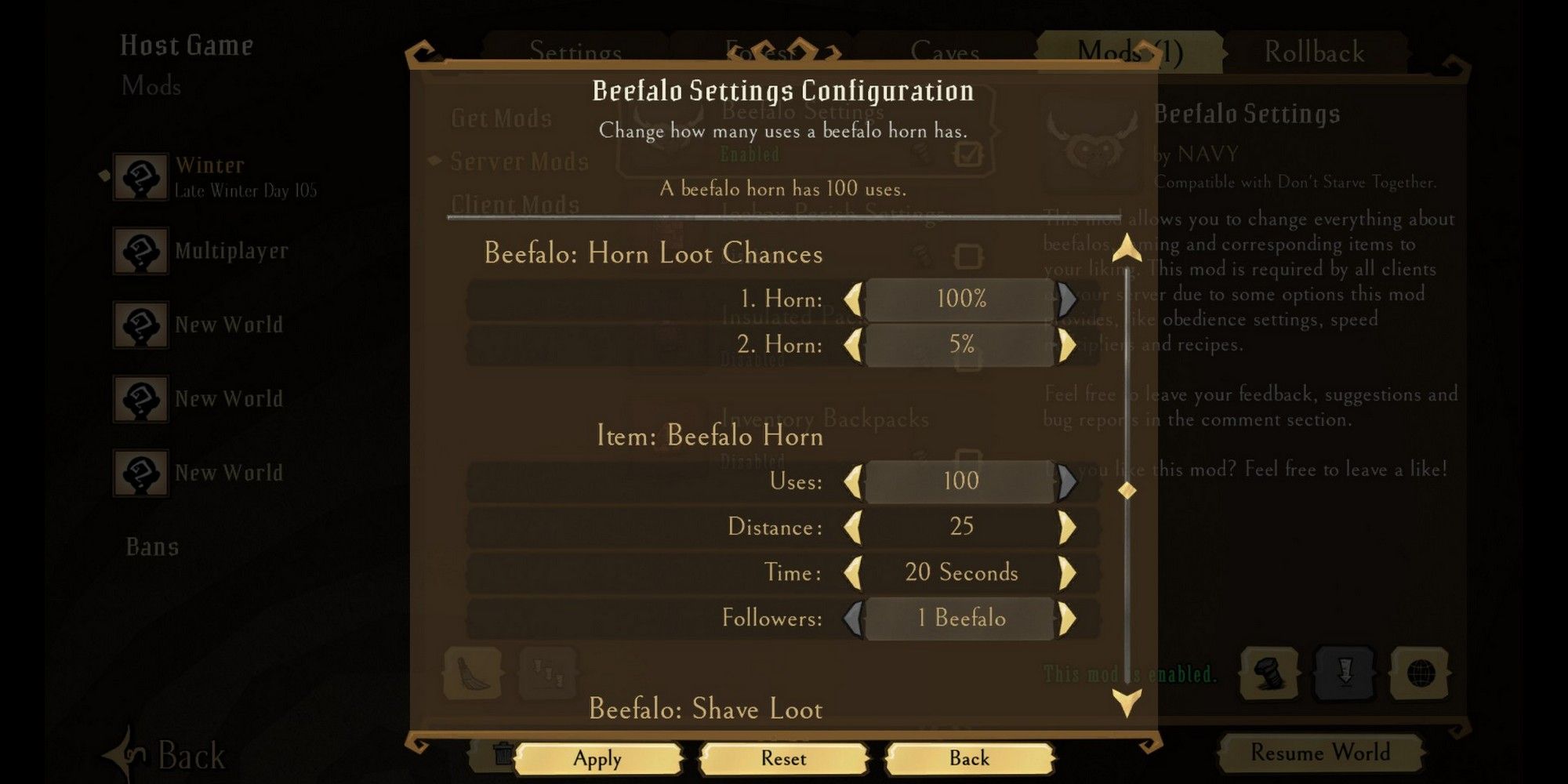 dont starve together mods beefalo settings configuration