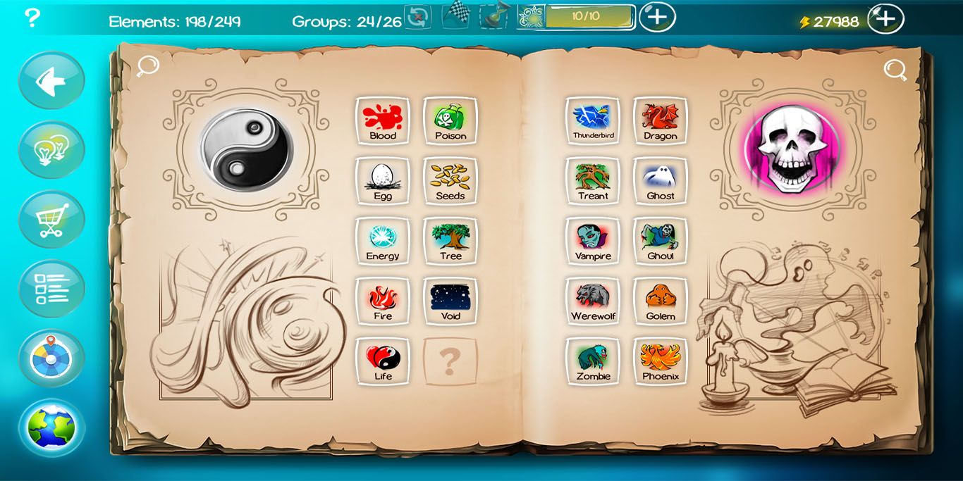 Screenshot of Doodle God Worlds showing the many mythical and natural elements that can be combined in the game