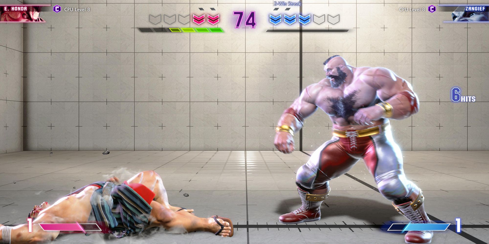 Zangief slams E. Honda into the ground during a Down And Out match at the Training Stage in Street Fighter 6.