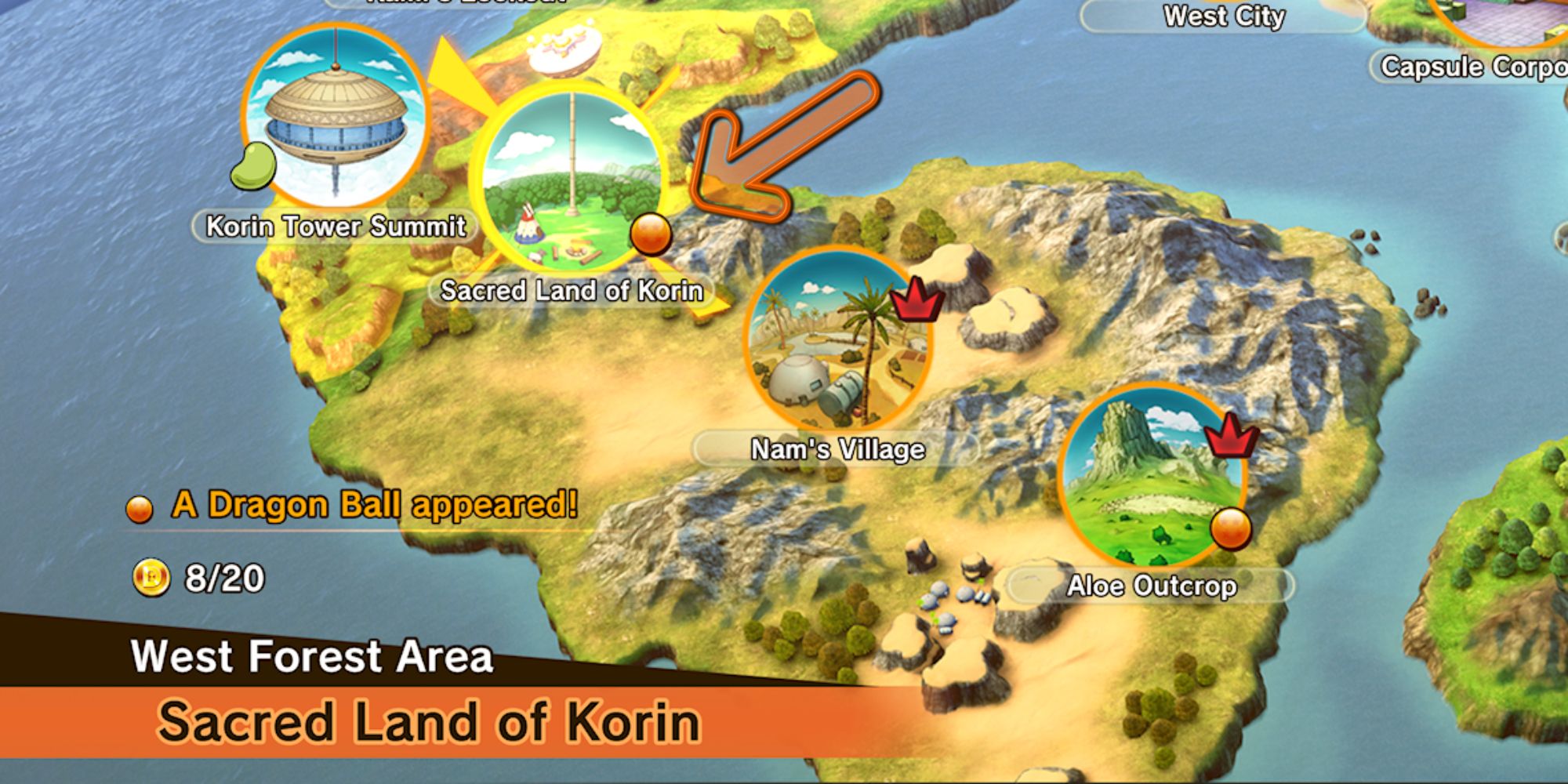 Dragon Ball Z Kakarot Screenshot of the Sanctuary of Korin on a world map with an arrow pointing to the Dragon Balls