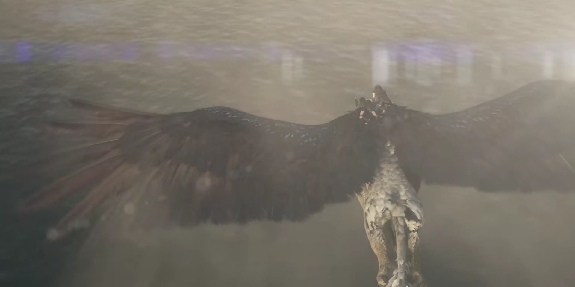 Dragon's Dogma 2 a Griffon flying over water with 2 characters on its back