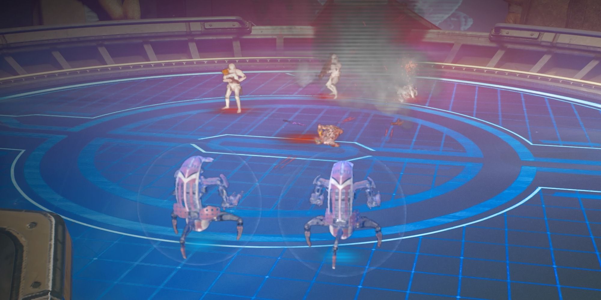 Two Droidekas mow down Imperial Stormtrooper units in Holotactics in Star Wars Jedi: Survivor.