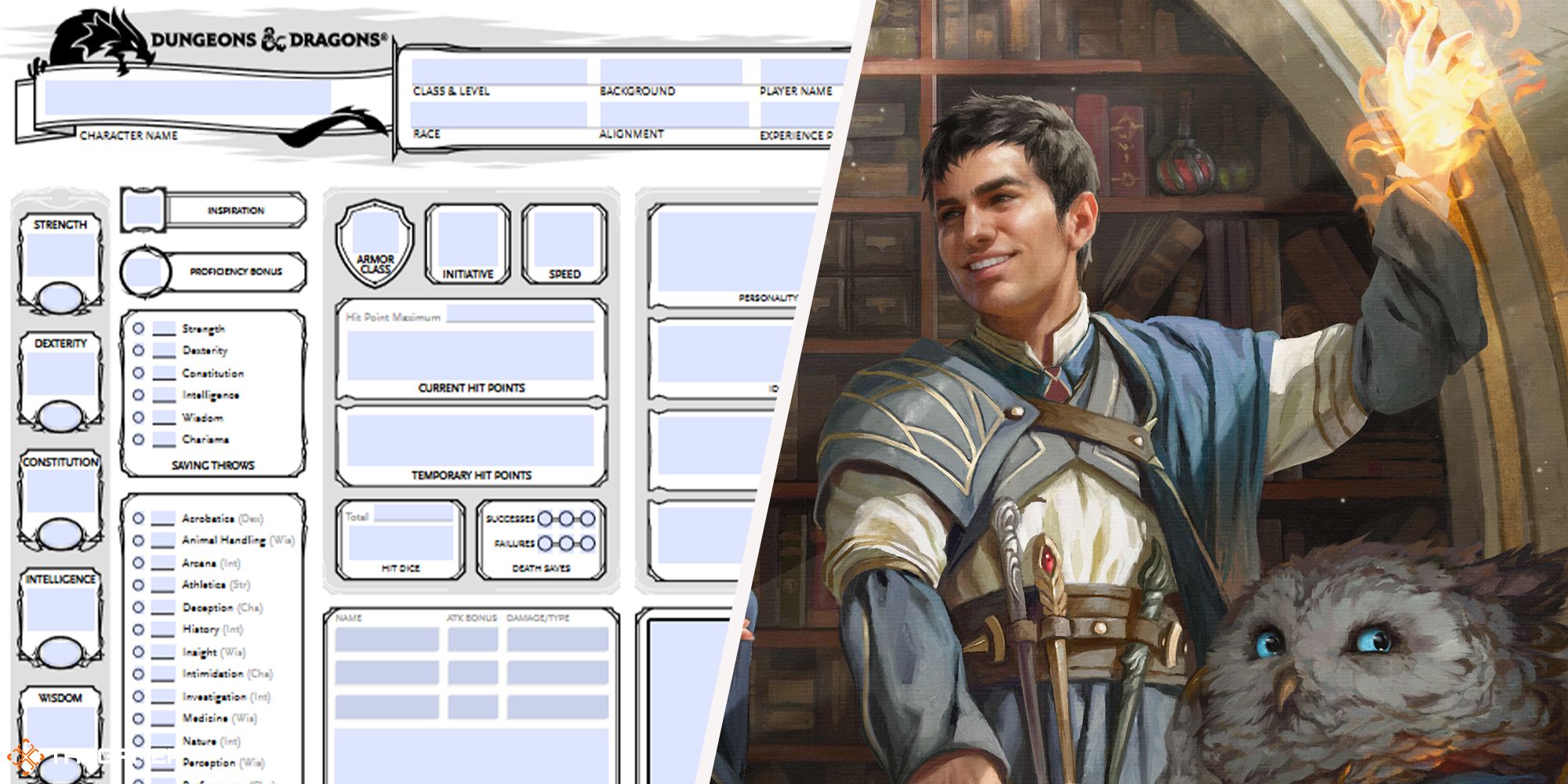 Dungeons and Dragons - character sheet on left, character art on right
