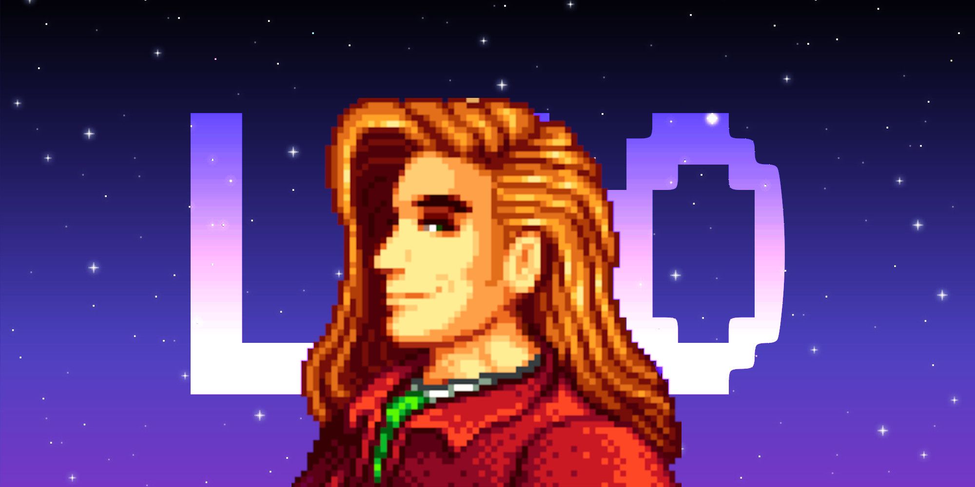 Elliot from Stardew Valley in front of a pixel star background and text reading %22Leo%22