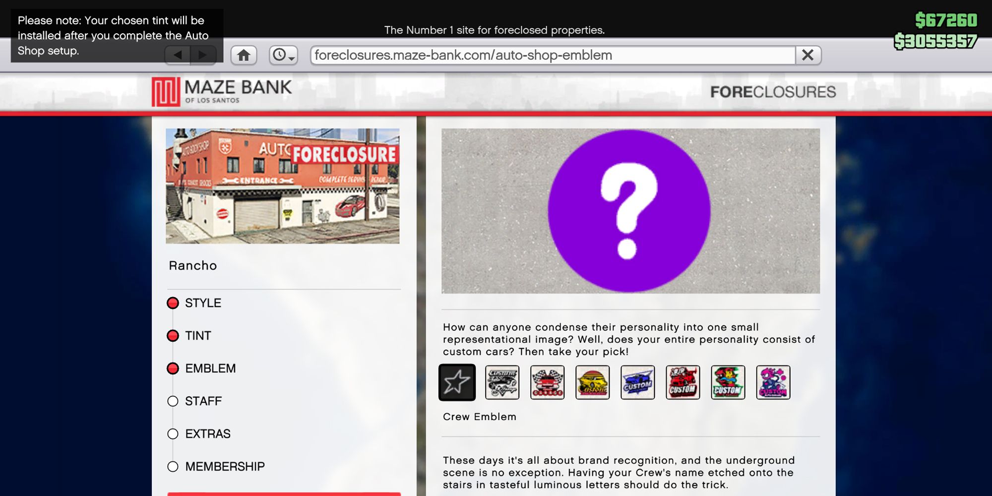 Image depicts the Emblem Upgrade Menu on Maze Bank Foreclosures in Grand Theft Auto Online. On the left is a list of all of the upgrades available, and on the right are small rectangles showing a preview of the different emblems available for the Auto Shop.
