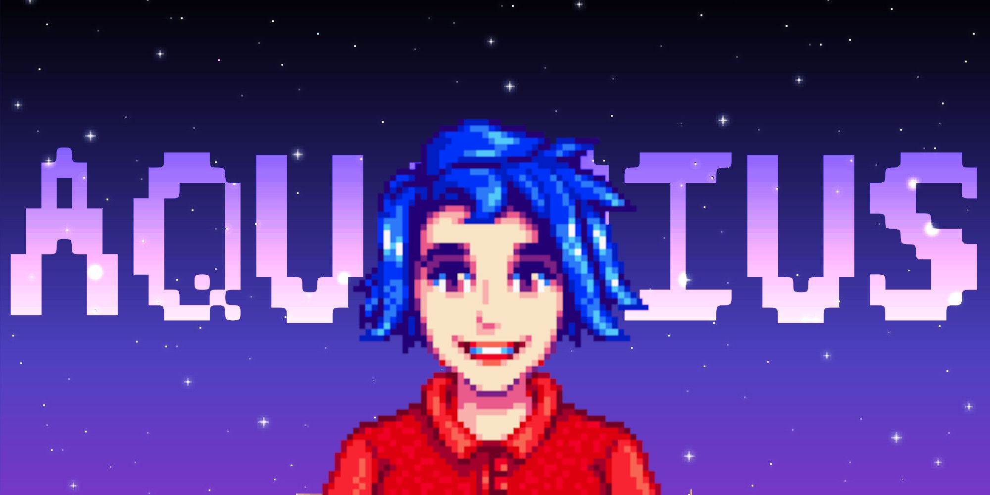 Emily from Stardew Valley in front of a pixel star background and text reading %22Aquarius%22