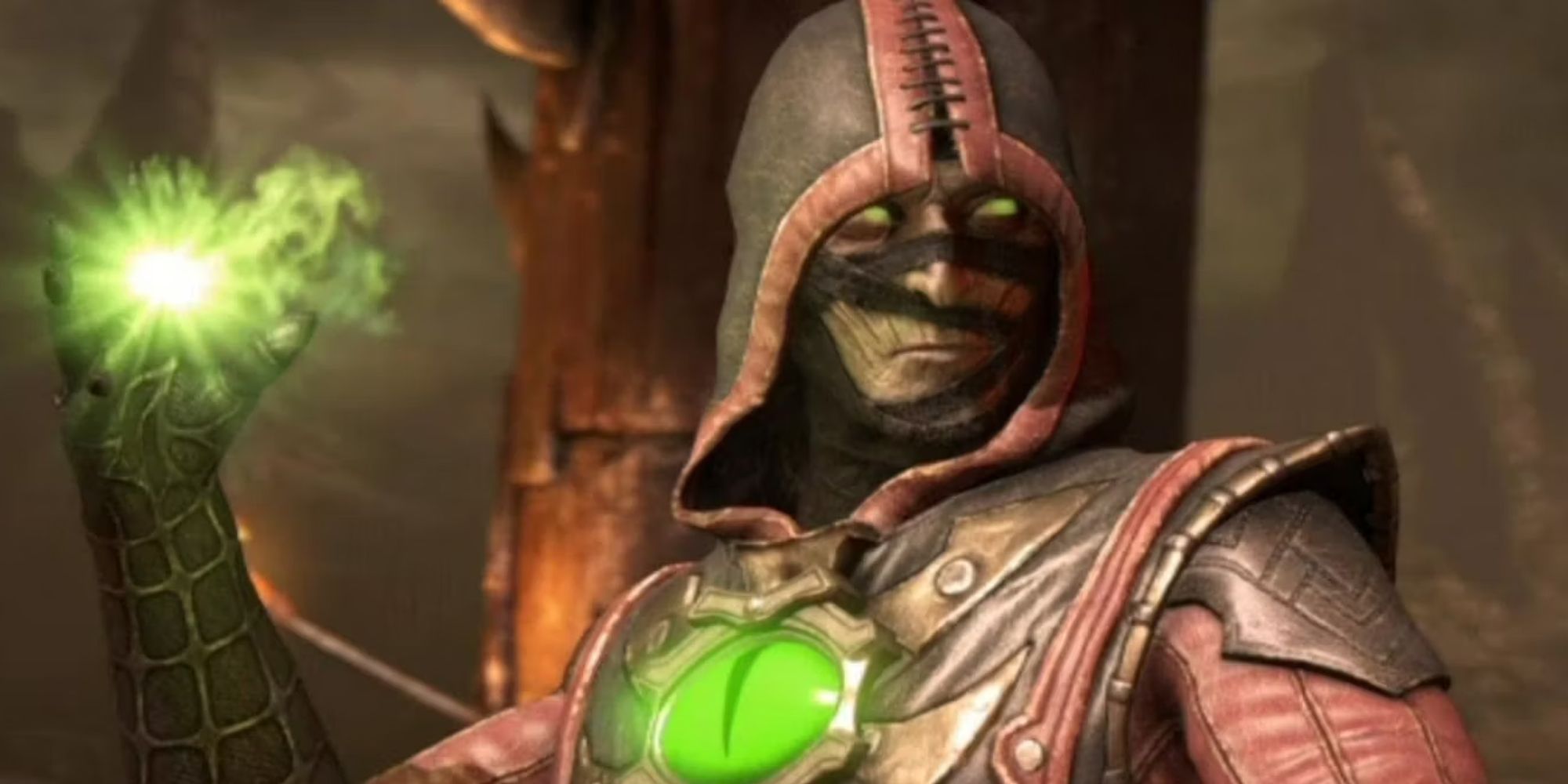 Ermac raising his right hand with glowing green magic in Mortal Kombat