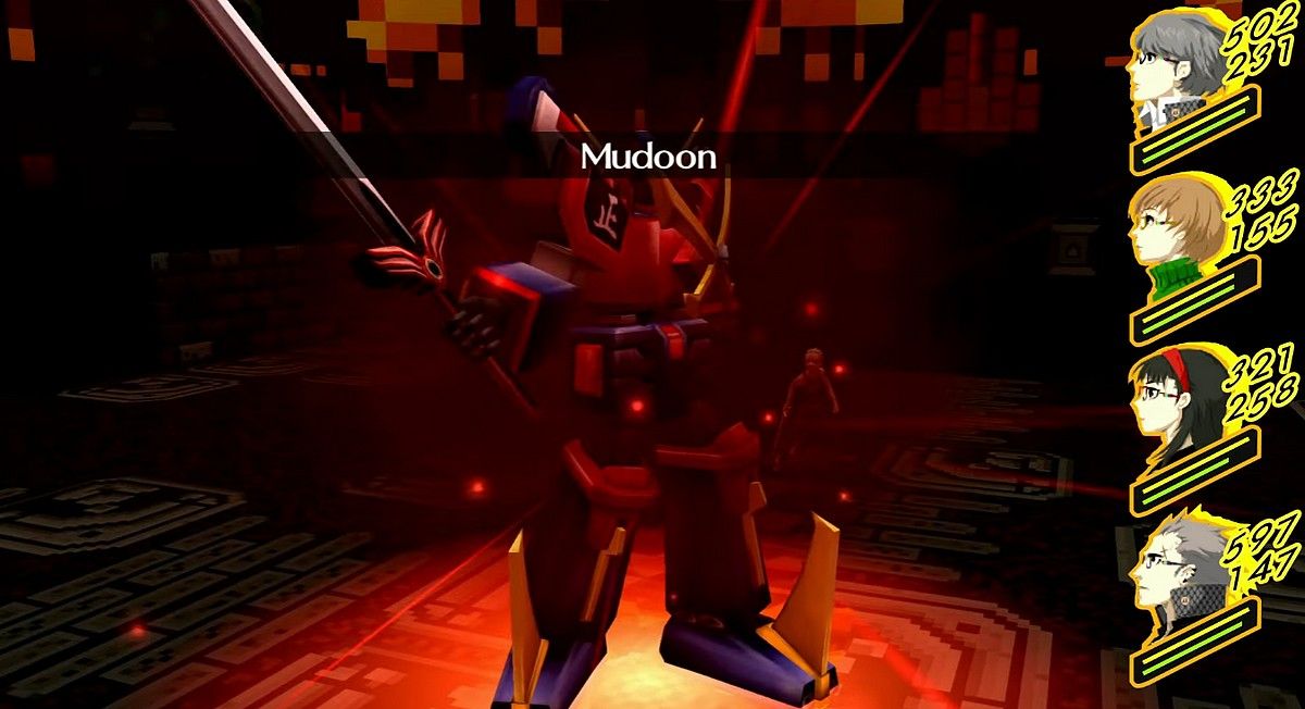escapist soldier casting mudoon on the investigation team during the bonus boss fight in void quest from persona 4 golden
