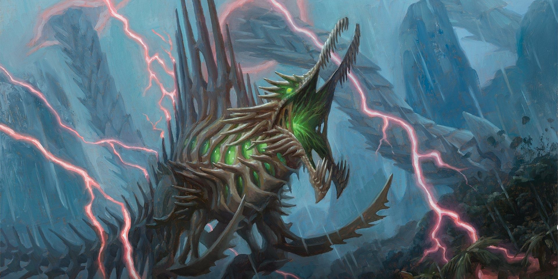 Spinosaurus dinosaur robot runs through lightning in Magic: The Gathering.