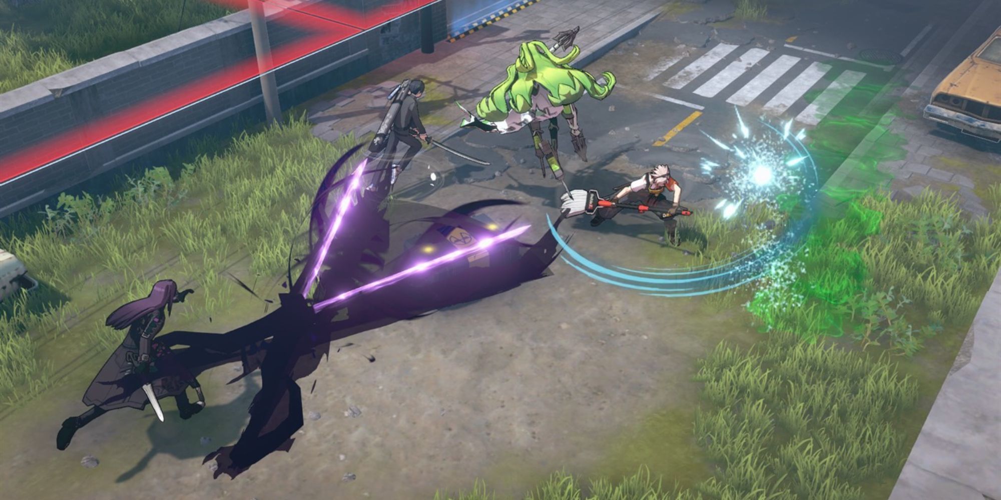 An image from Eternal Return of four different players battling on the streets using their unique abilities. 