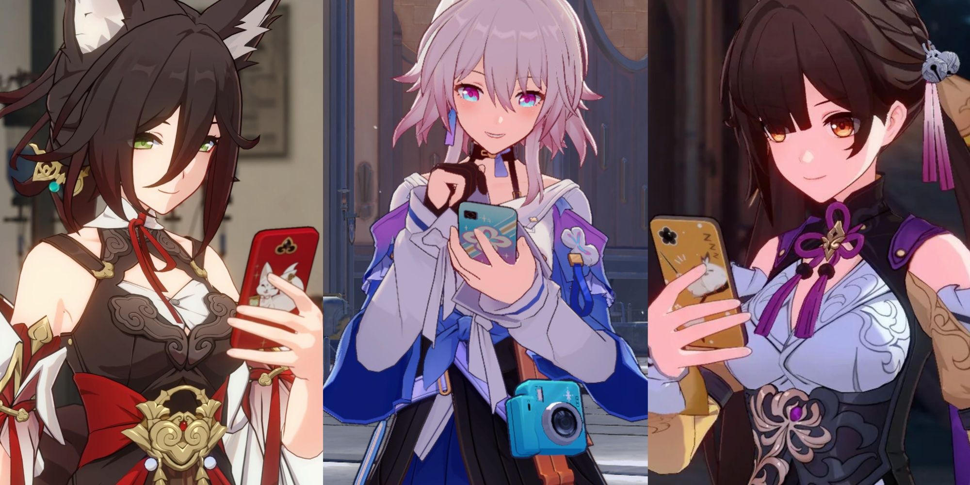 (From left to right) Tingyun, March 7th, and Sushang looking at their phones in Honkai: Star Rail