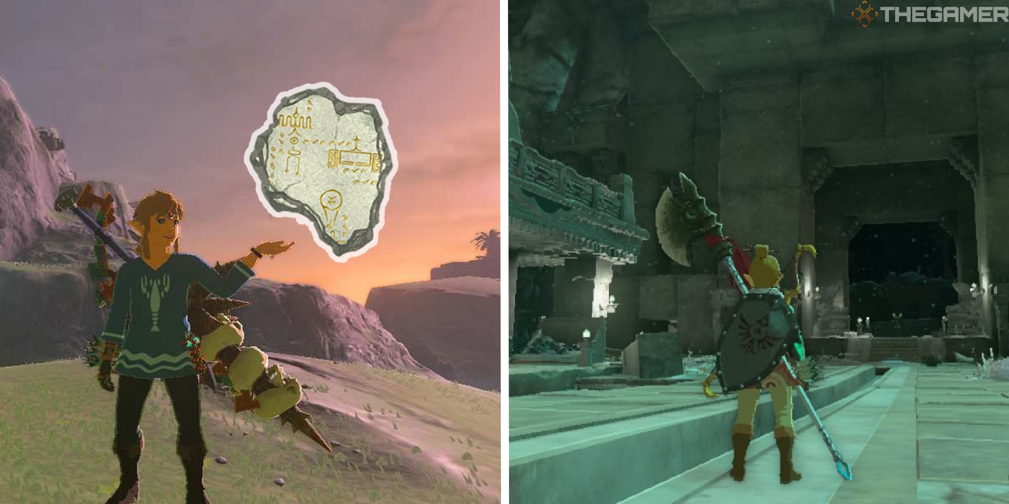 split image showing link holding an edited-in schema stone, next to image of link in great abandoned central mine