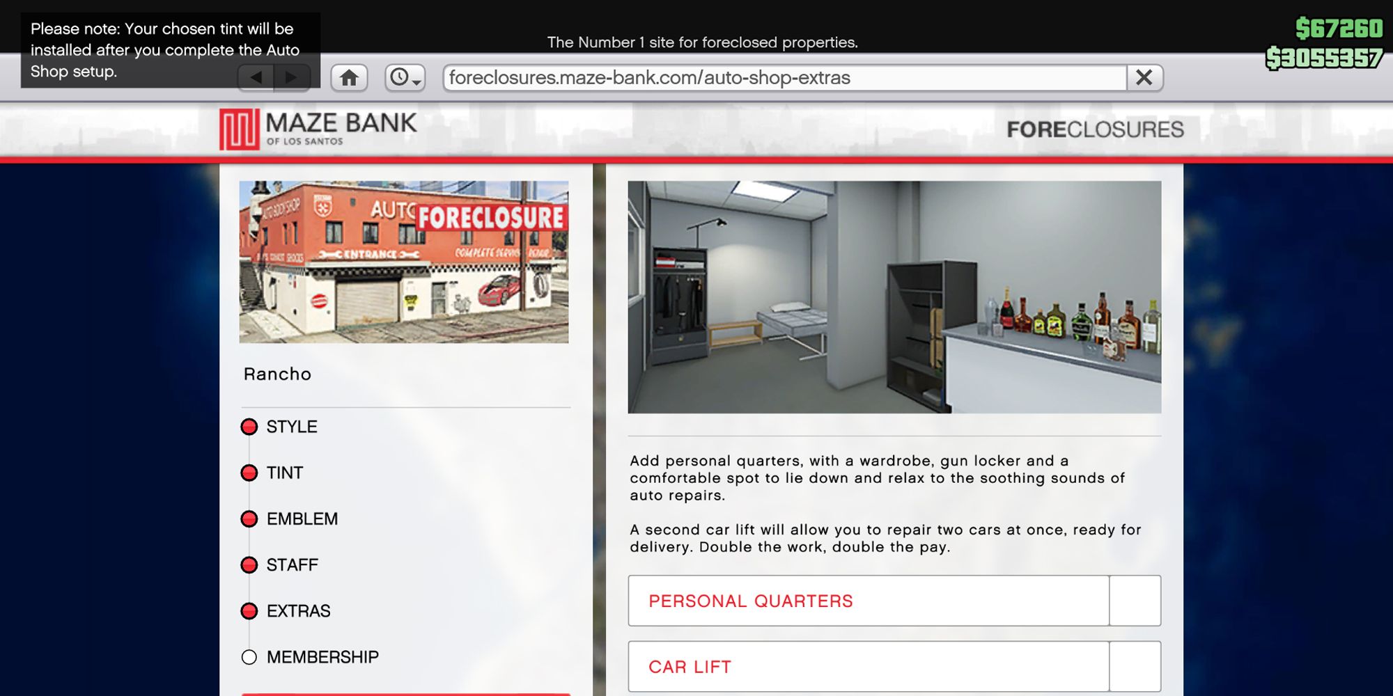 Image depicts the Extras Upgrade Menu on Maze Bank Foreclosures in Grand Theft Auto Online. On the left is a list of all of the upgrades available, and on the right are small rectangles showing a preview of the different extras available for the Auto Shop.