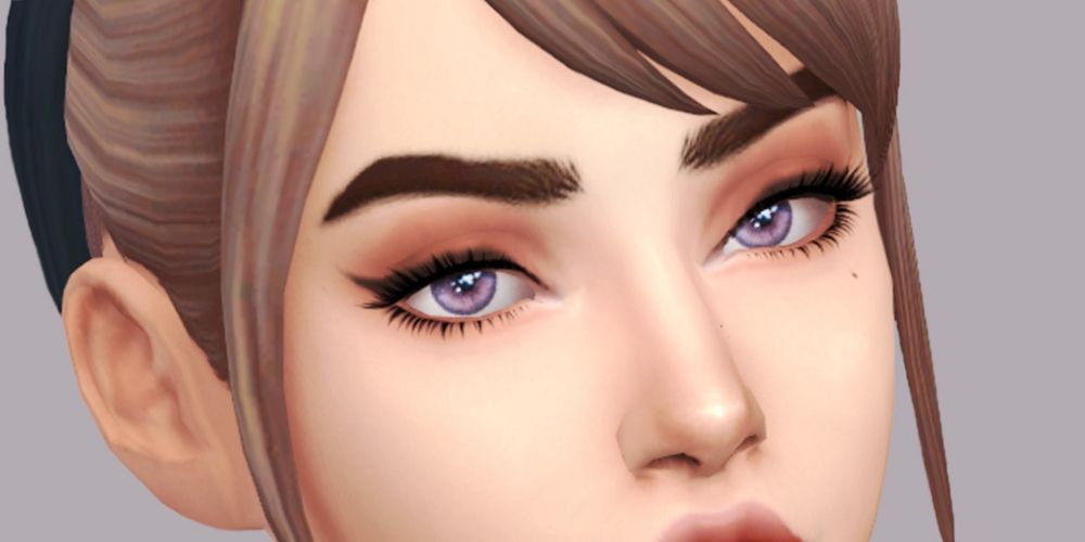 A Sim looking at the viewer with purple sparkly eyes