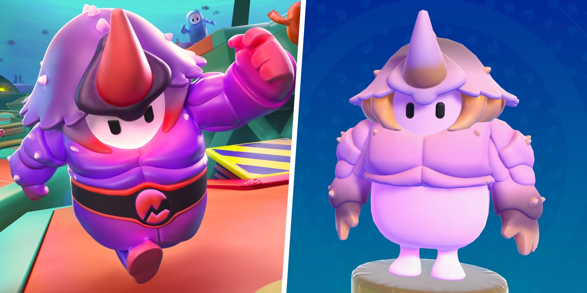 Fall Guy with Level-Up Crustacean in purple split with a Fall Guy with Level-Up Crustacean in white