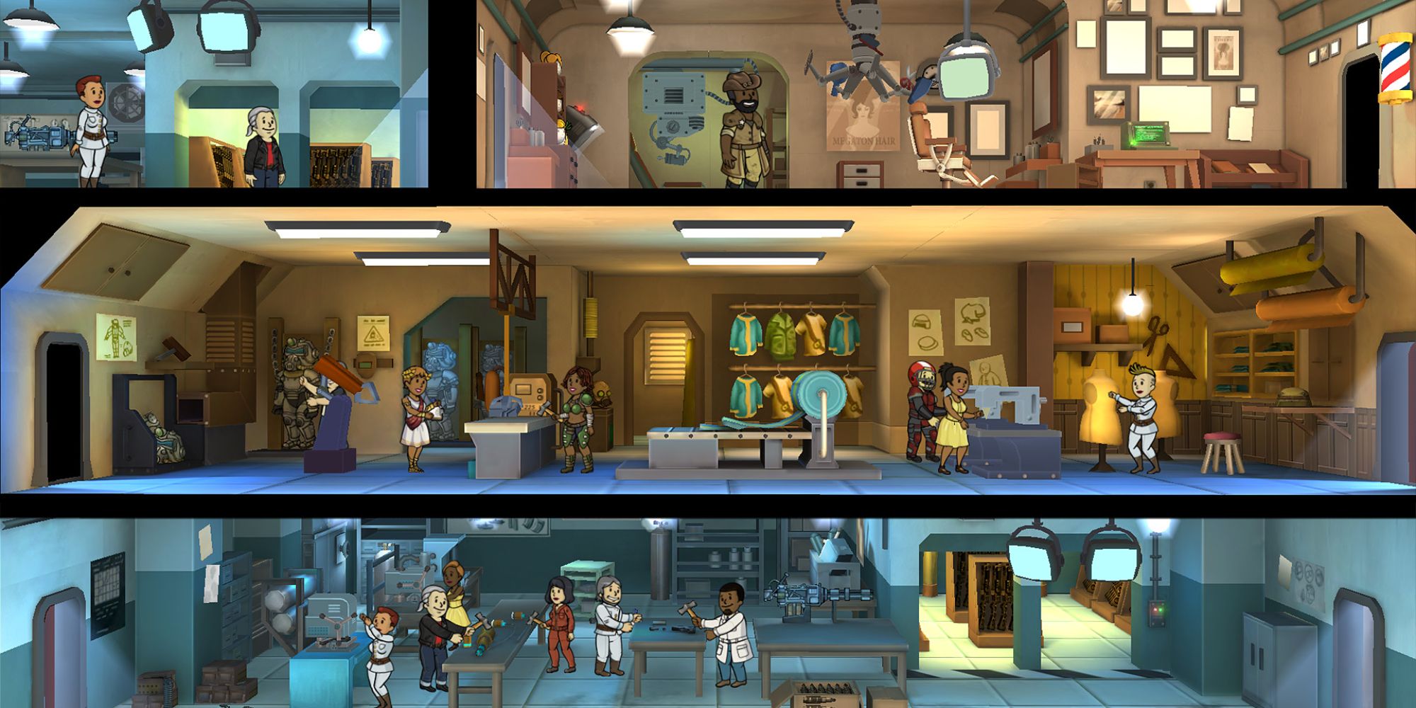 An image from Fallout Shelter of a successful vault, an underground settlement that you manage while surviving the apocalypse. 