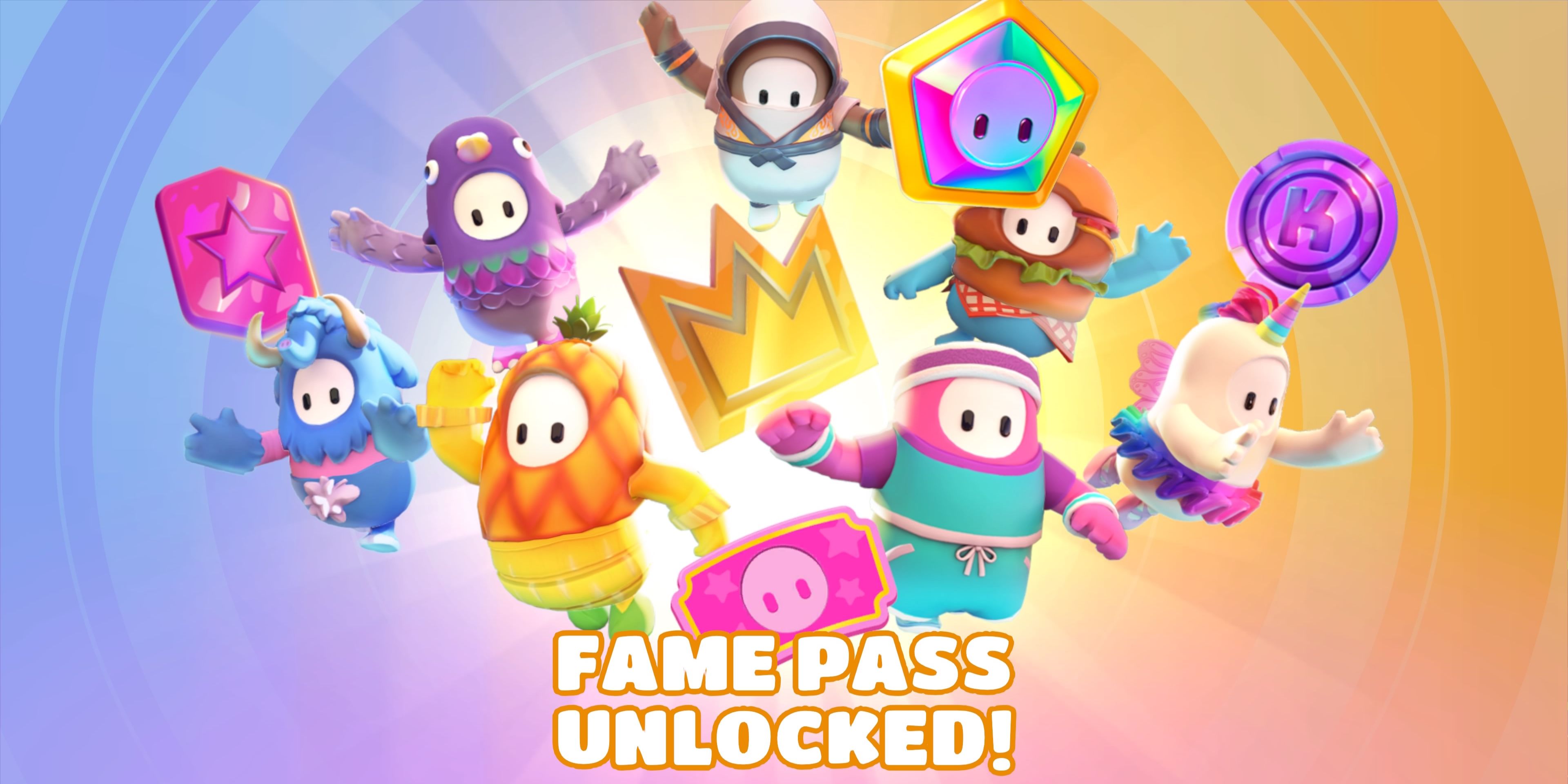 Fall Guys in different costumes and in-game currency with the text "Fame Pass Unlocked" below