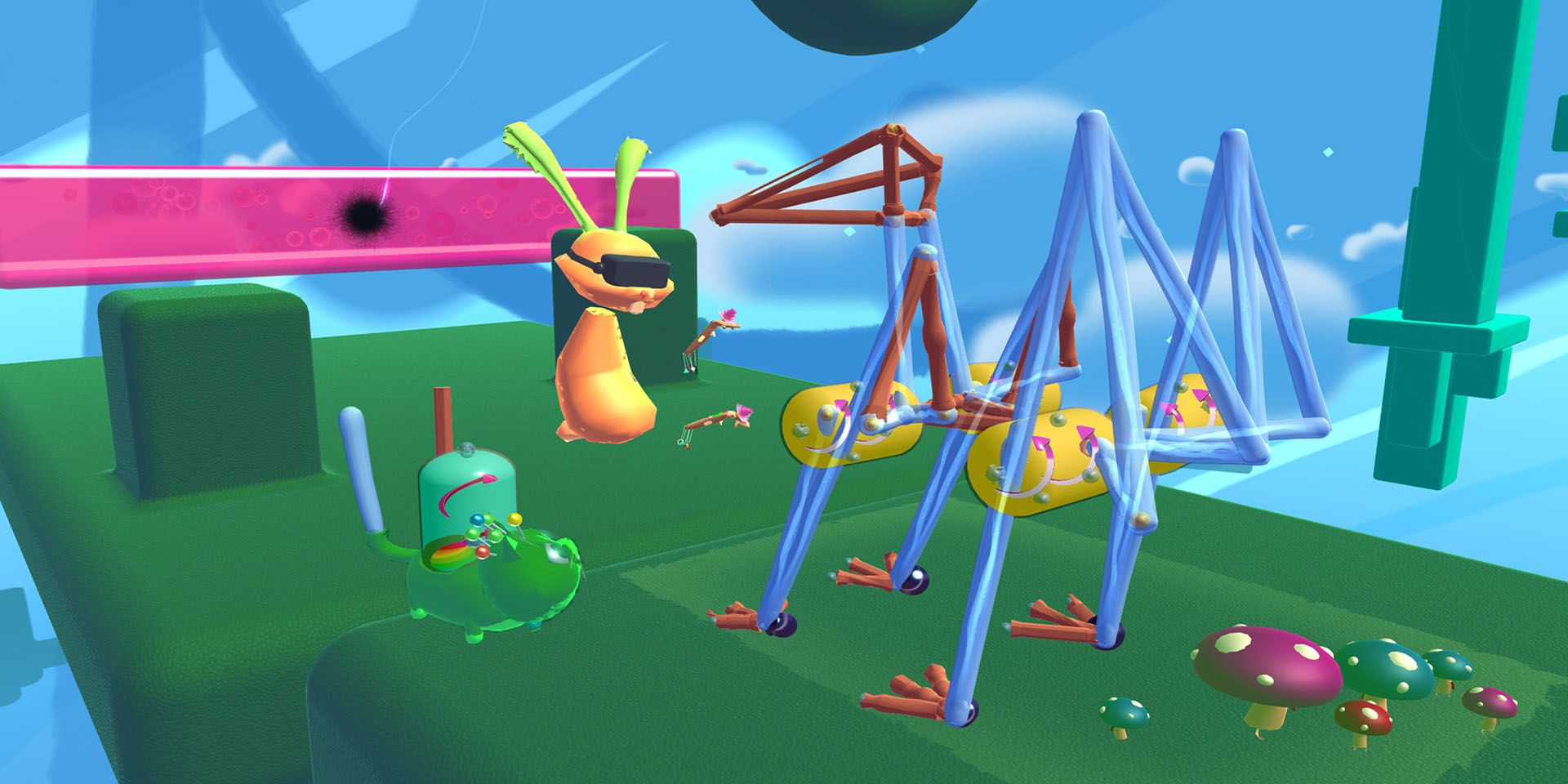 Fantastic Contraptions promo image showcasing a bunny character in VR making a strange four legged vehicle in a jelly-like world