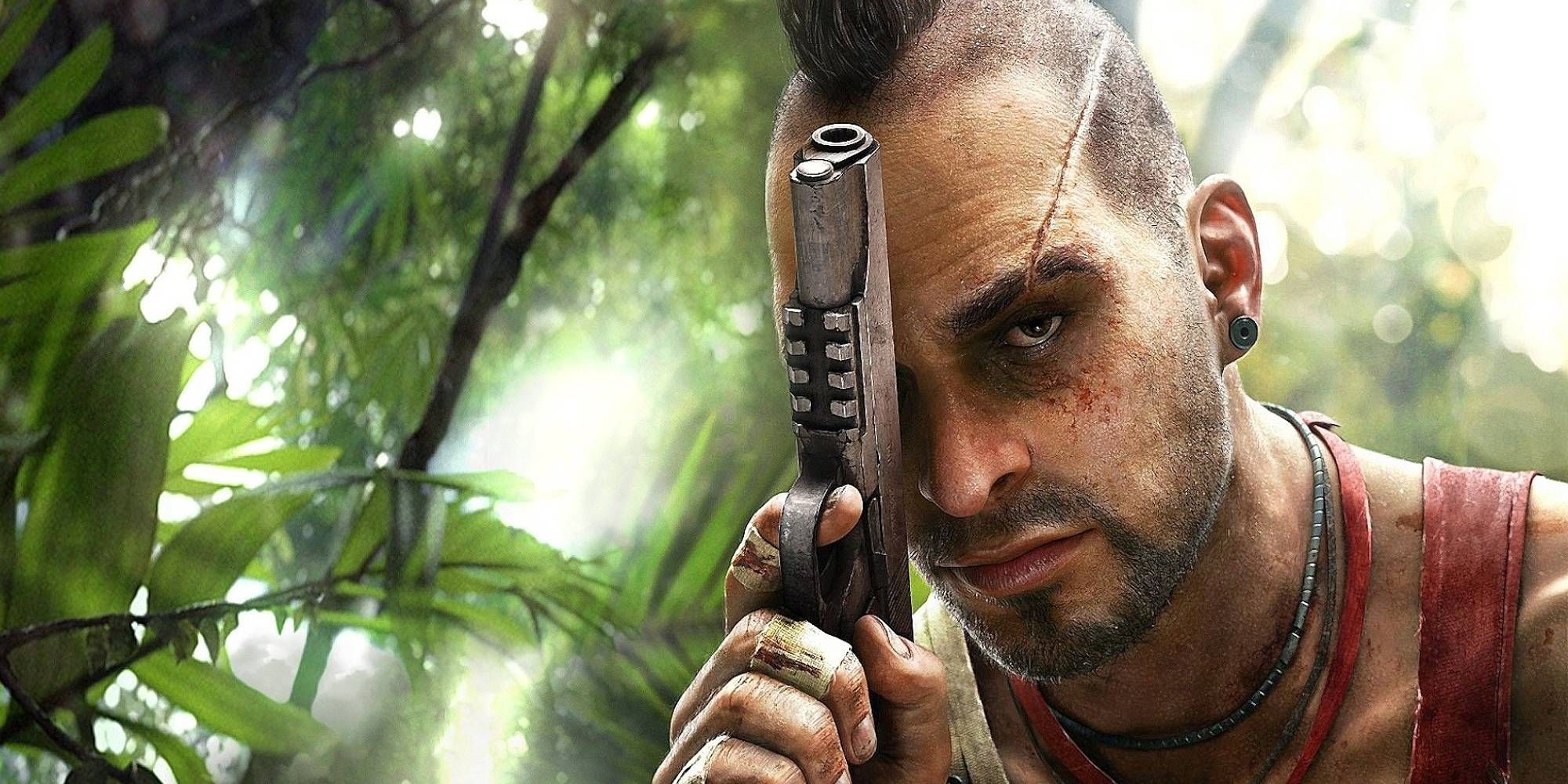 Vaas of Far Cry 3 rests his head against a pistol in a jungle environment