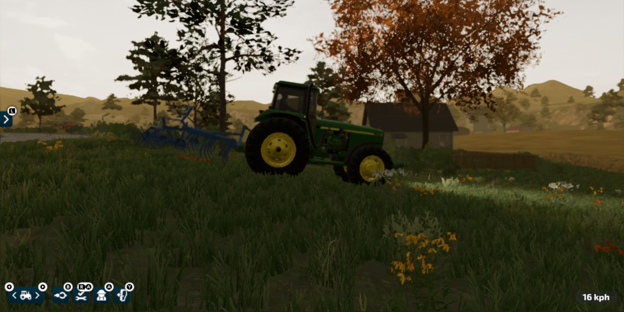 Farming Sim 23 Cultivator driving trees