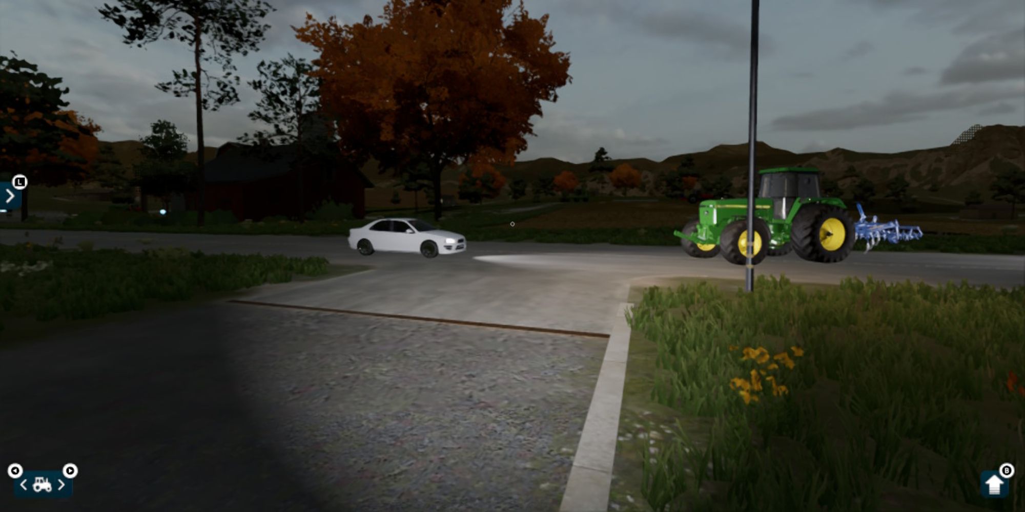 Farming Sim 23 first person at night with a cultivator sitting on the road next to a white car