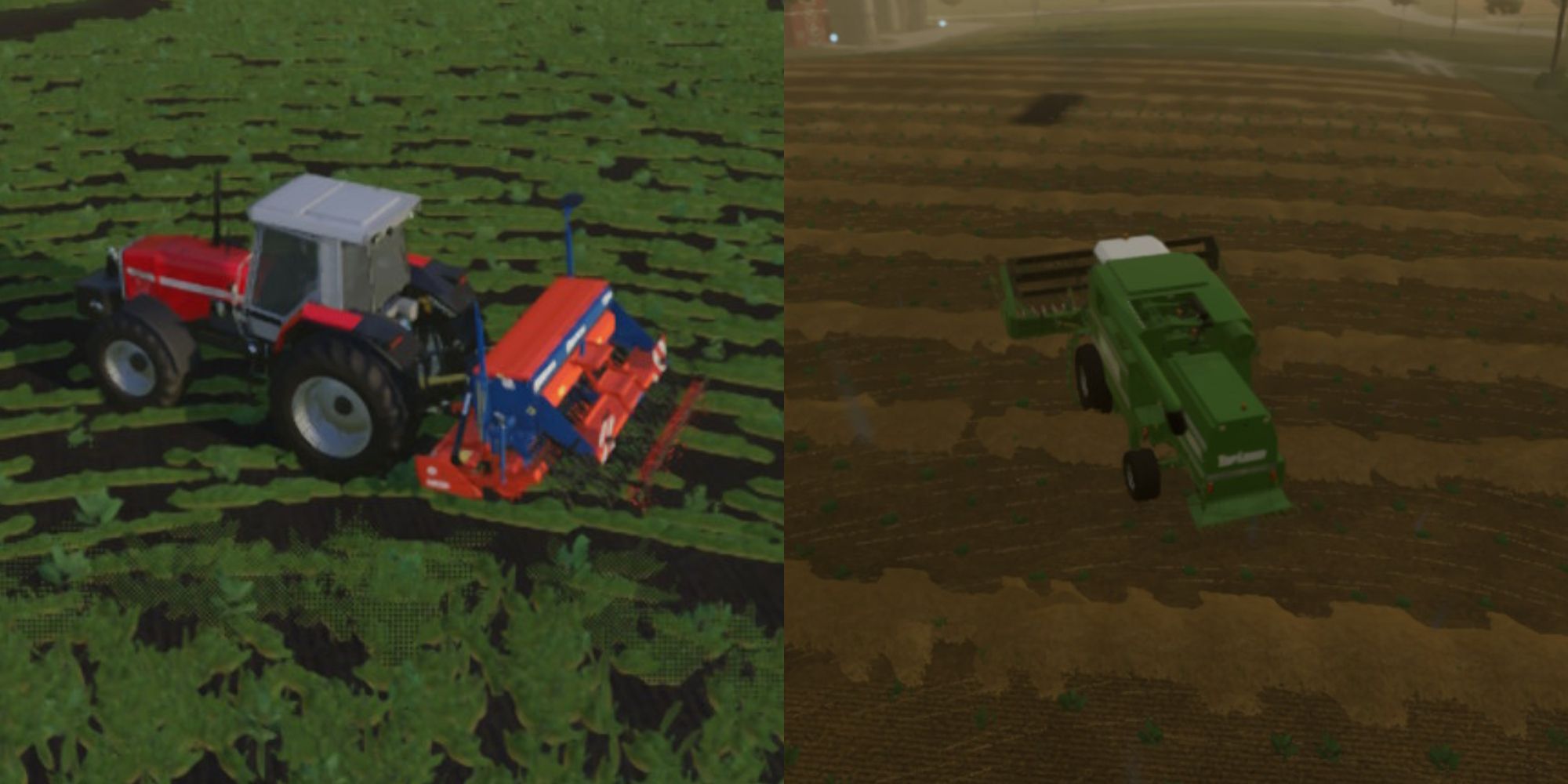farming simulator 23 seeder and harvester on plots of land
