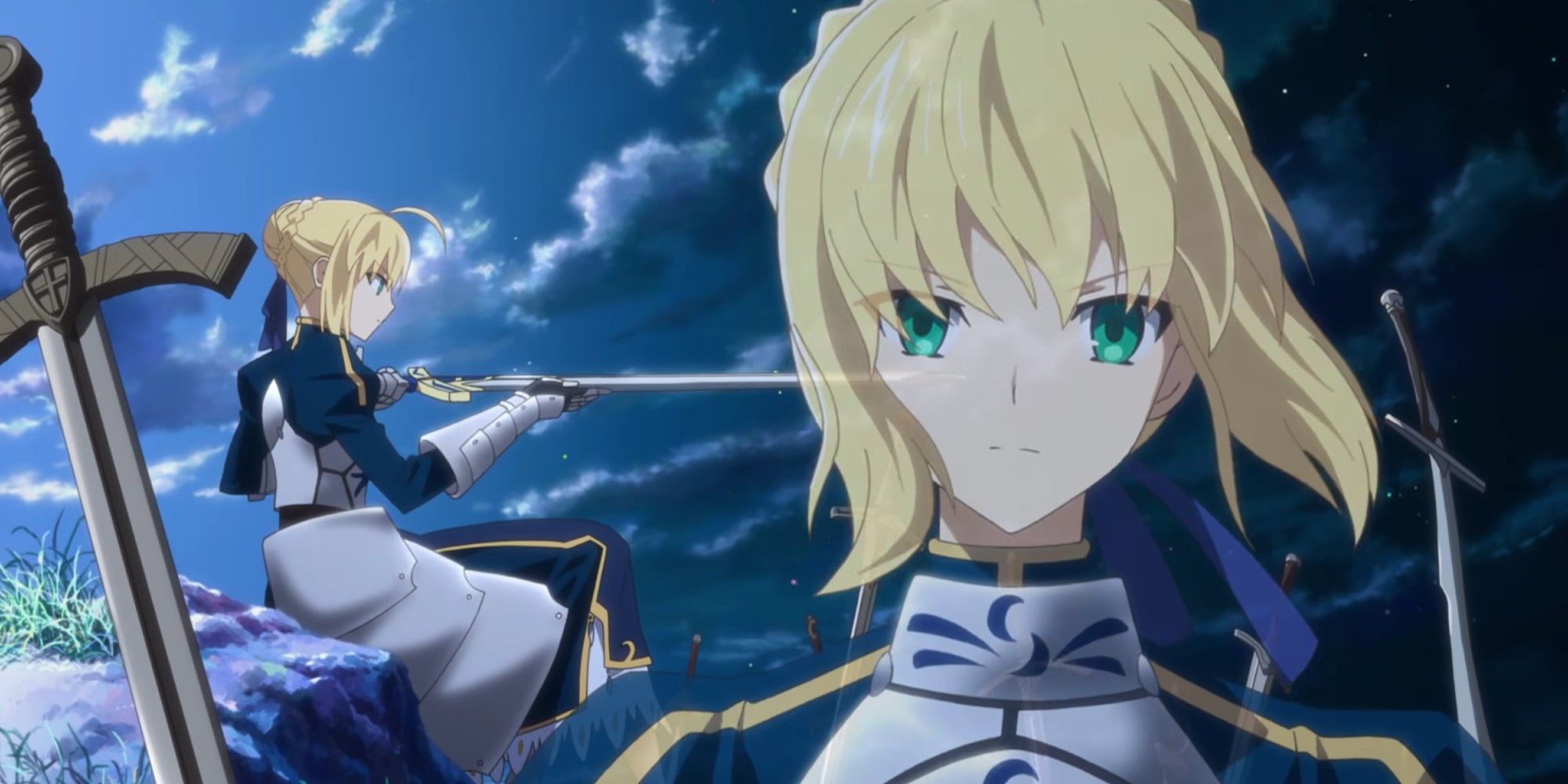 The Servant known as Saber sits on a rock and examines his sword as a larger picture of their faces is superimposed on the screen.