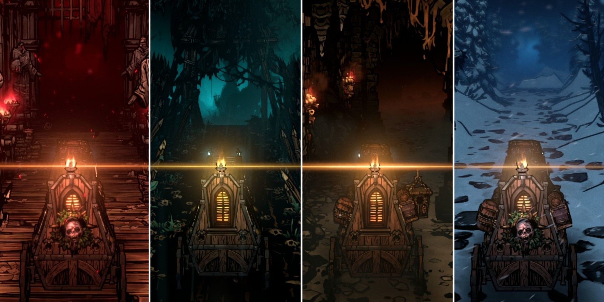 Four screenshots from Darkest Dungeon 2 showing different roads.