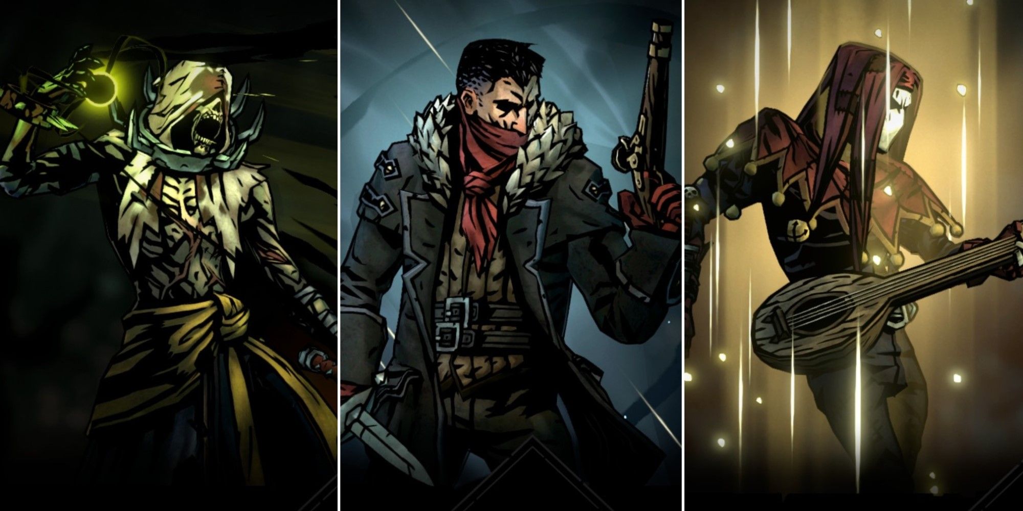 Three screenshots from Darkest Dungeon 2, each showing a different Skill being used.