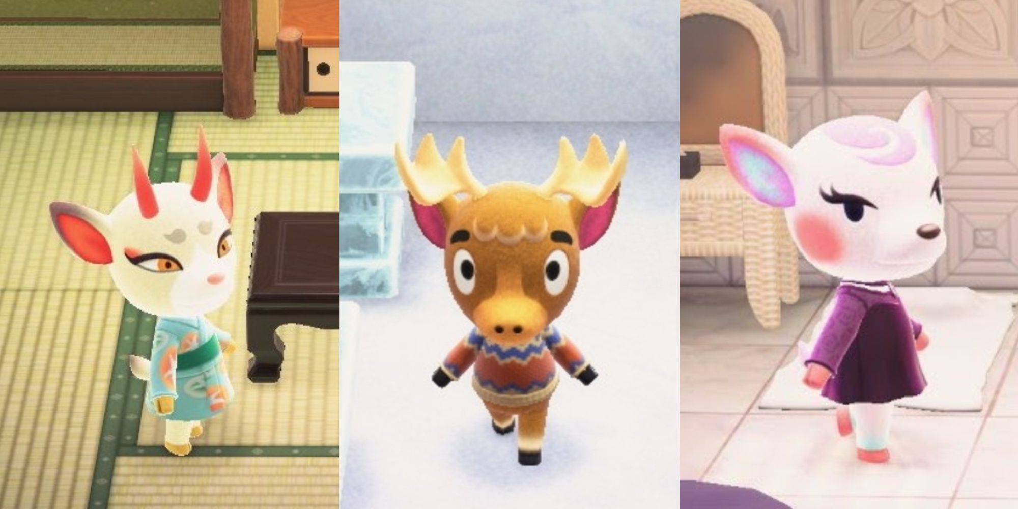 Split image of Shino, Erik, and Diana in Animal Crossing: New Horizons