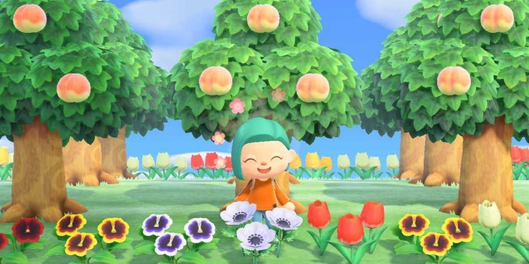 Animal Crossing player in front of a peach tree orchard.