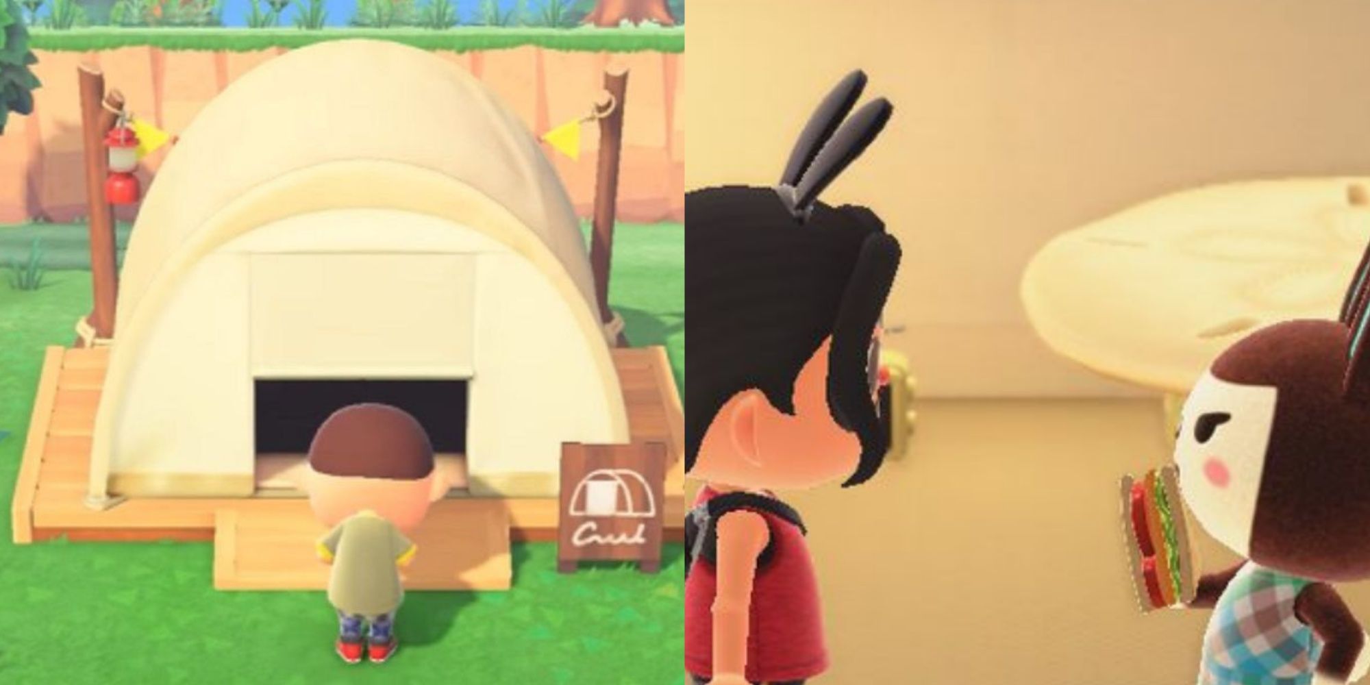 Split image of a player going into the campsite tent and a player speaking to Carmen in the tent in Animal Crossing: New Horizons.