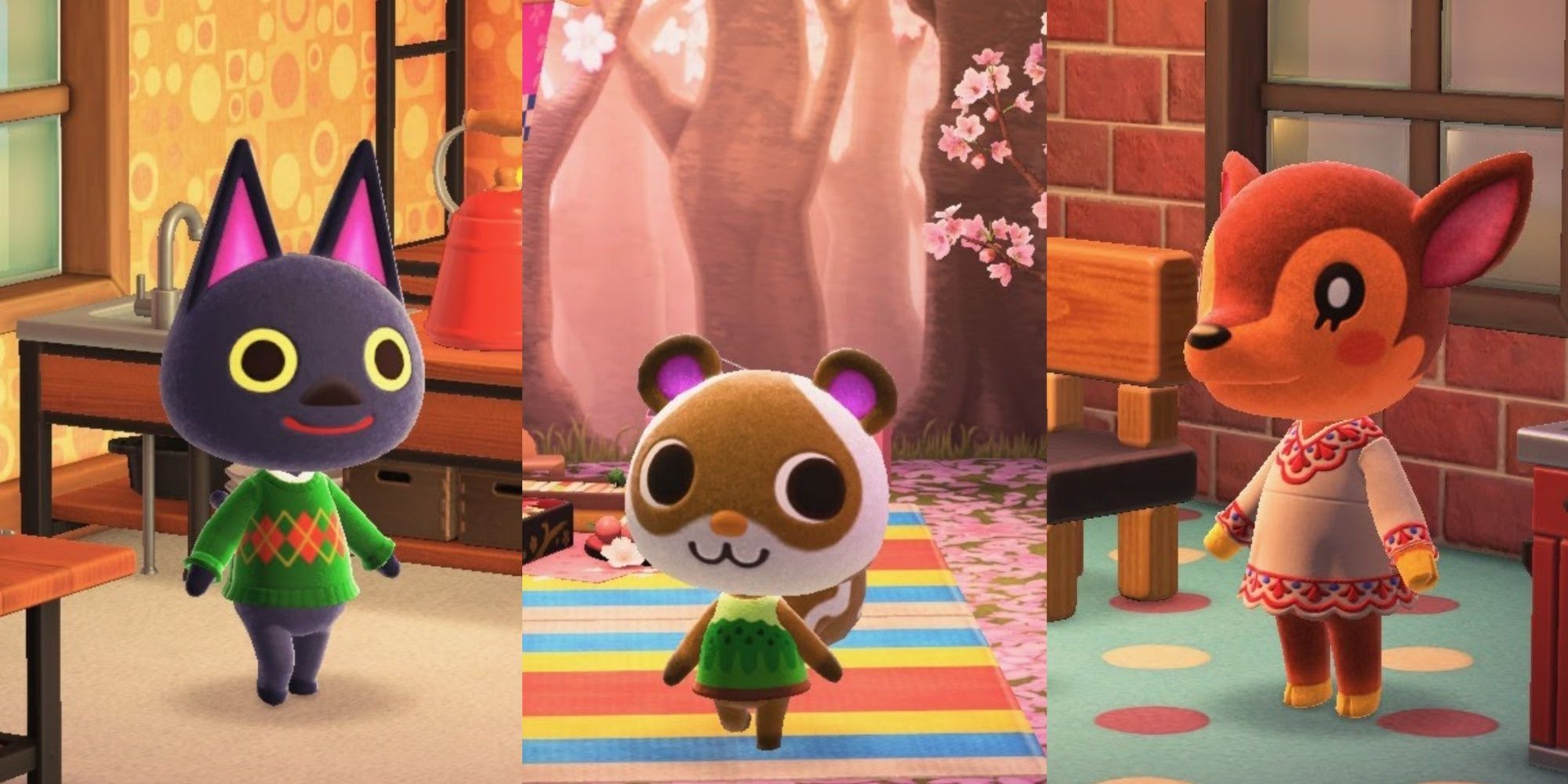 Split image of Kiki, Sylvana, and Fauna in Animal Crossing: New Horizons.