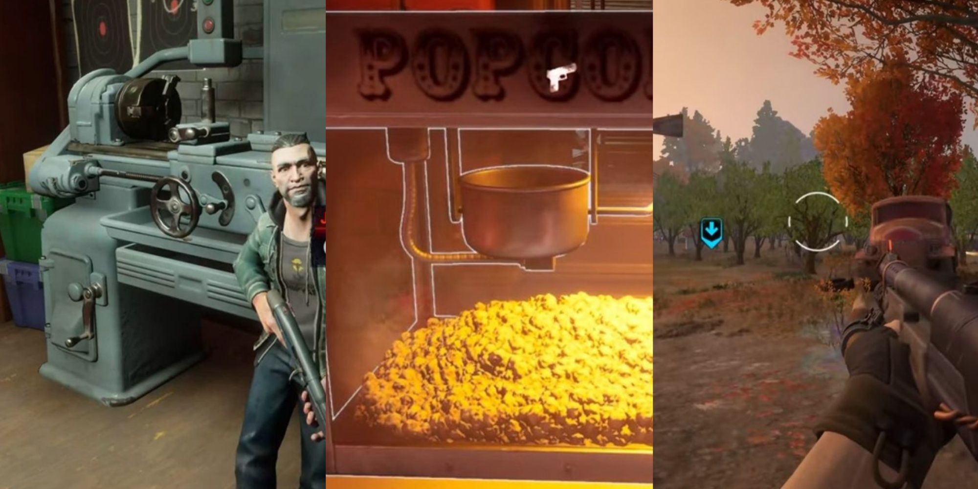 Split image of a character holding a gun, close-up of the popcorn machine, and the player character aiming into the distance in Redfall.